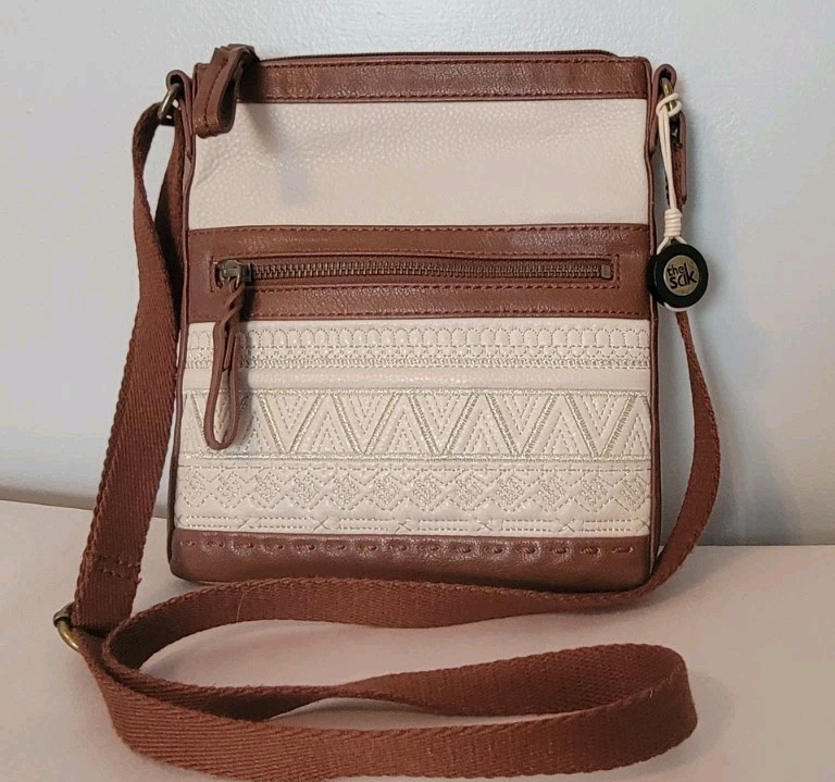 The Sak Brown/White Zip Crossbody Bag Purse Lined Pockets Adjustable Strap