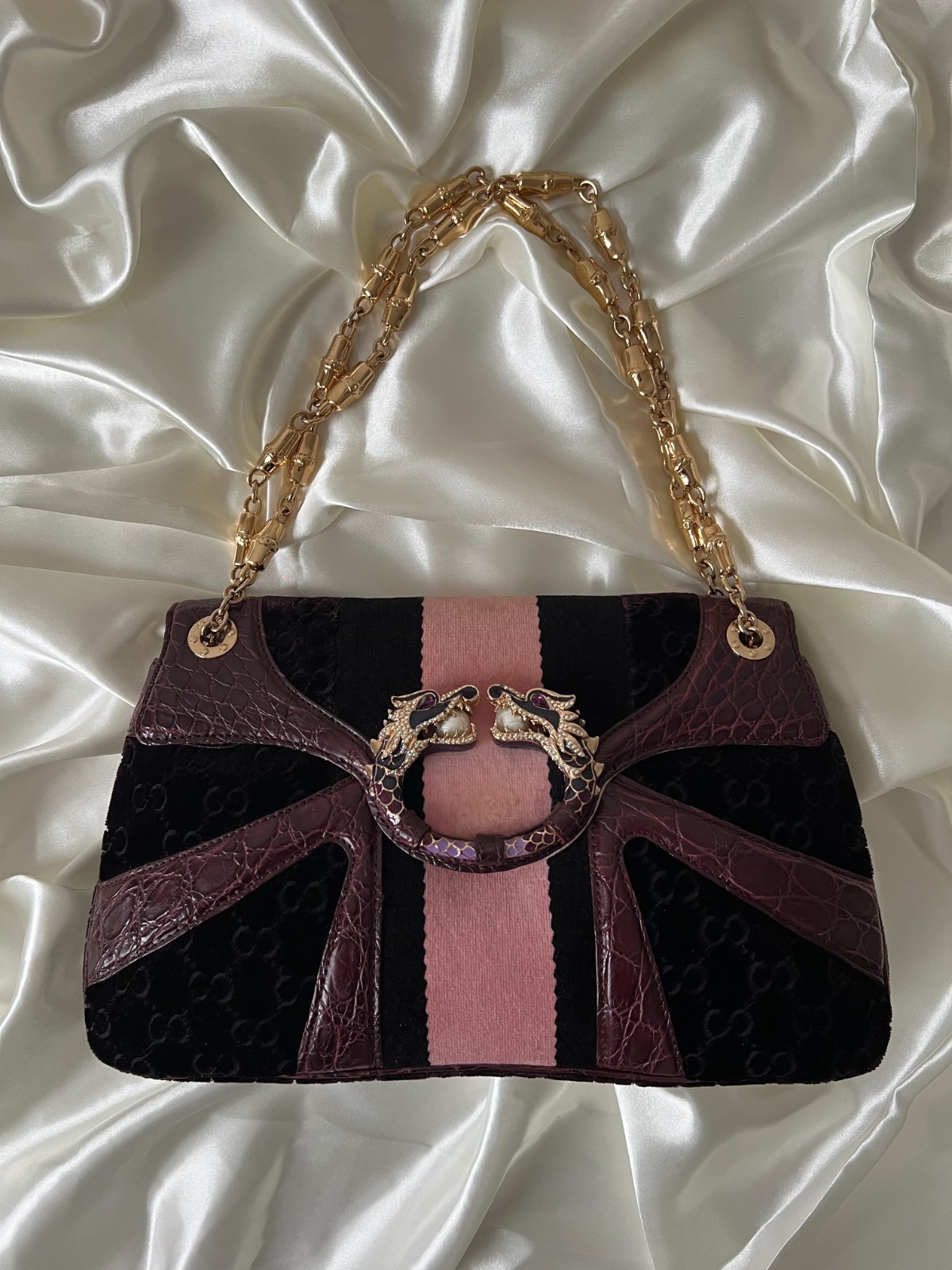 Rare Archival Vintage Gucci Tom Ford Era Dragon in Velvet Crocodile Bamboo Bag