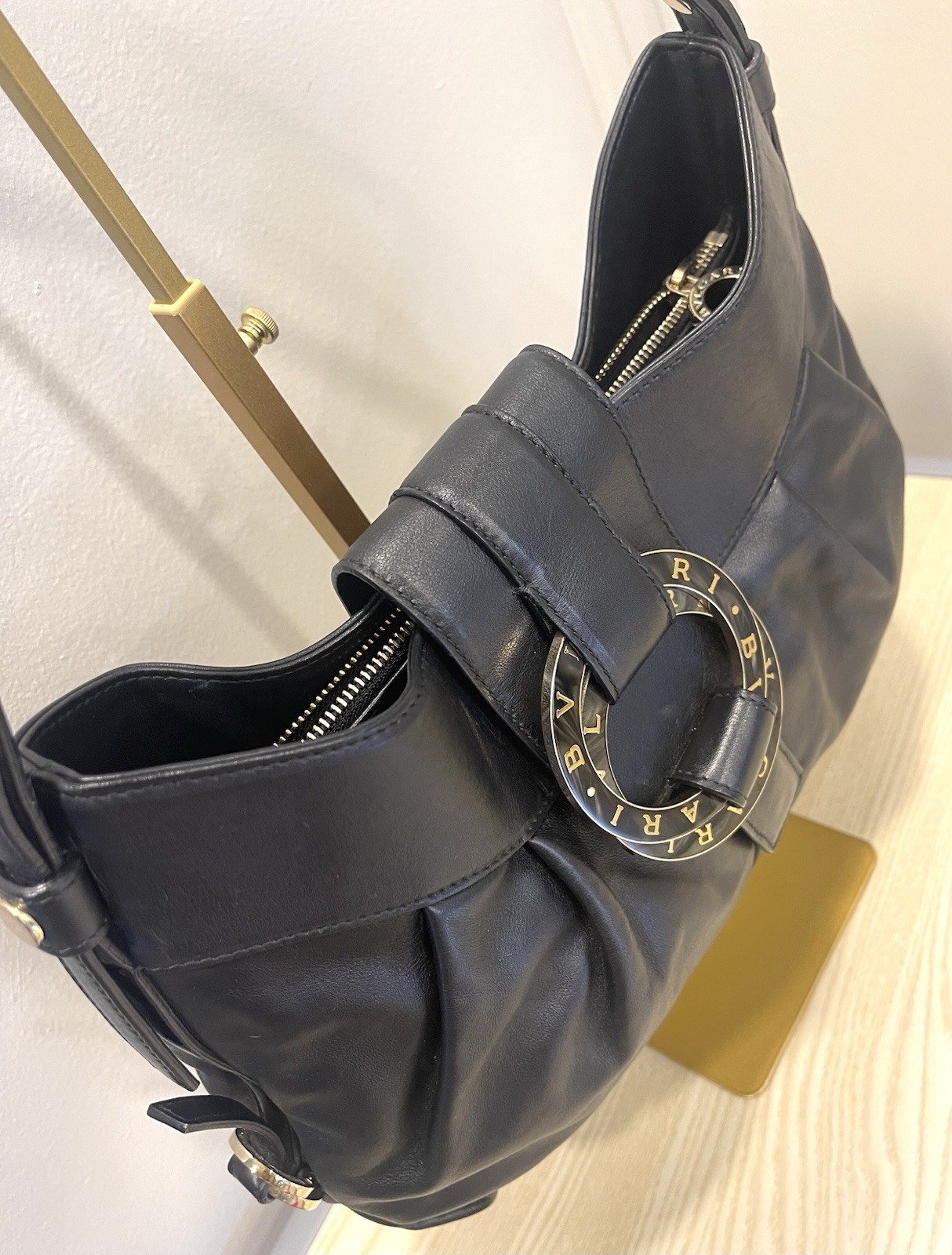 BVLGARI Women’s Black Shoulder Bag Gold Hardware Logo Buckle Zip Detachable