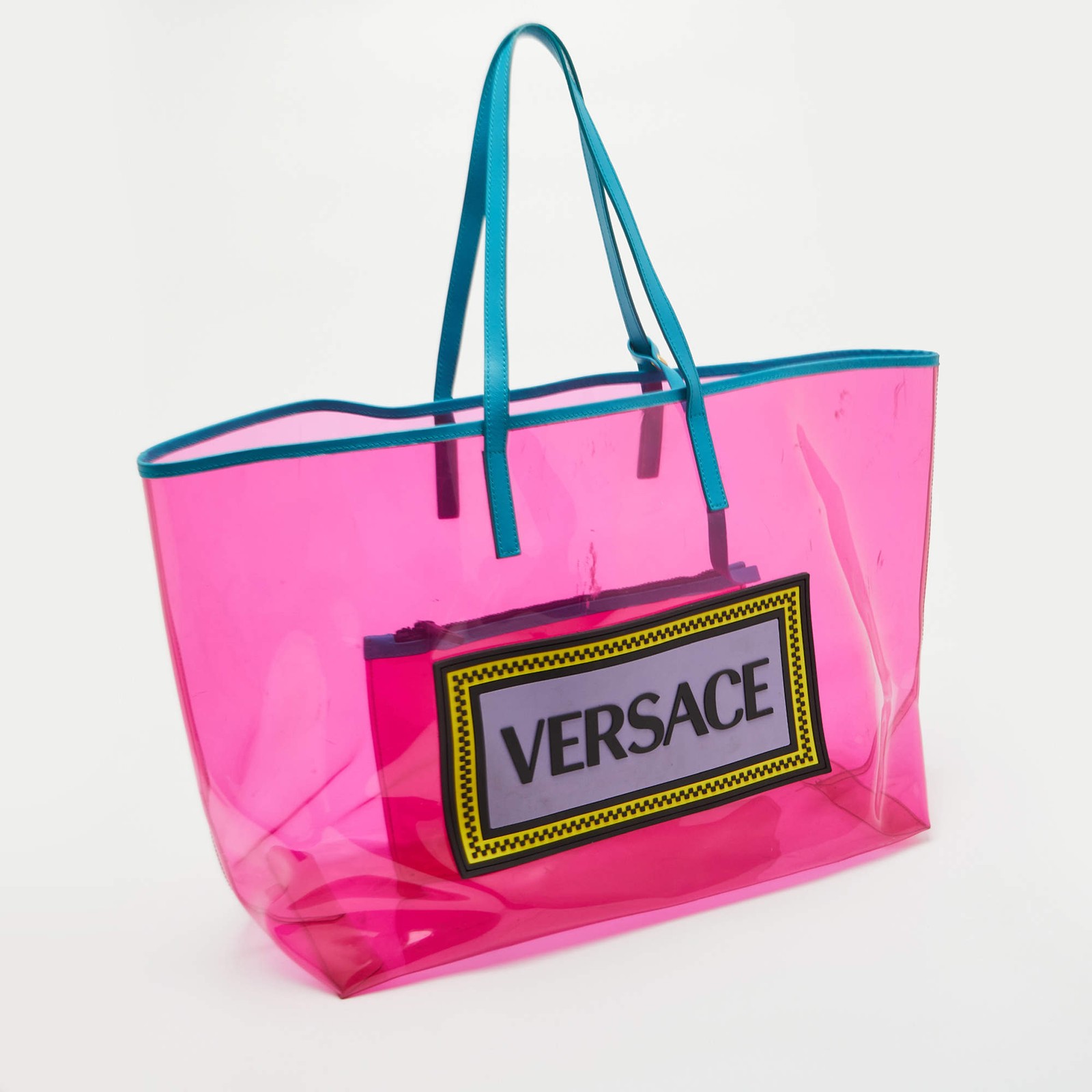 Versace 90s Vintage PinkBlue PVC and Leather Shopper Tote