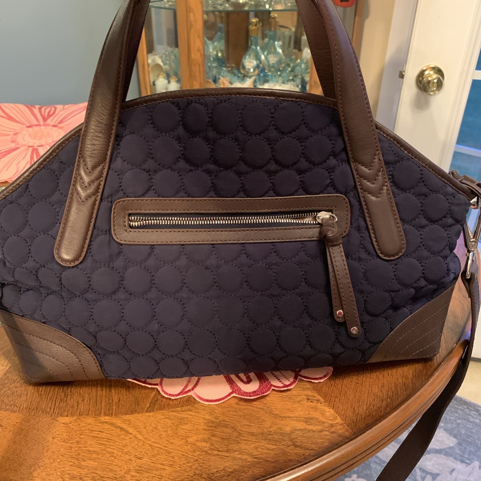 VERA BRADLEY Navy Quilted with Brown Leather Trim CrossbodyCarryOn Bag