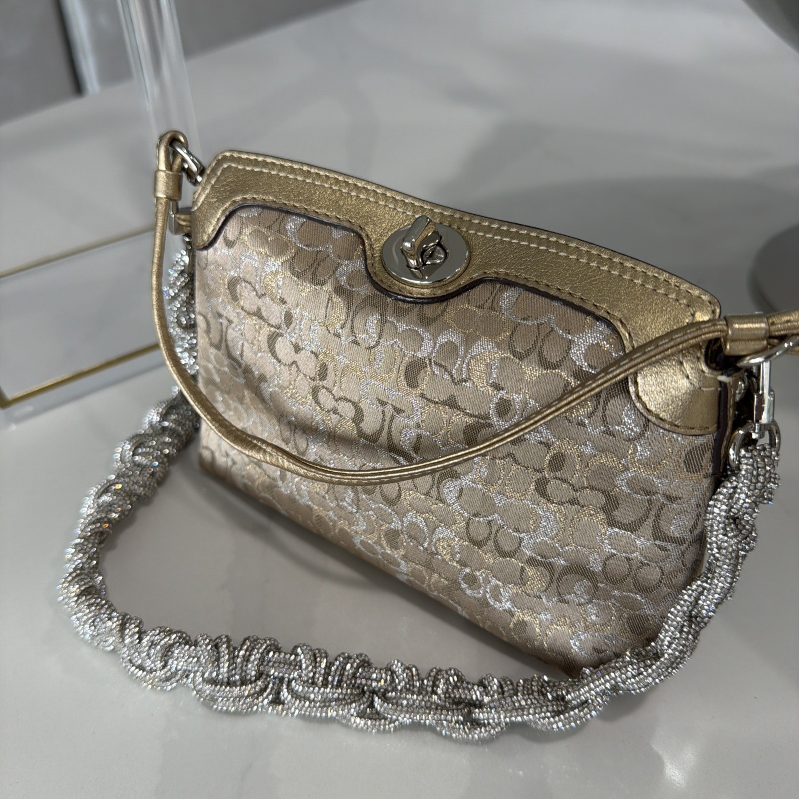 Coach Mini Wristlet Purse ShimmerGold Signature Vintage Extra Strap Not Included