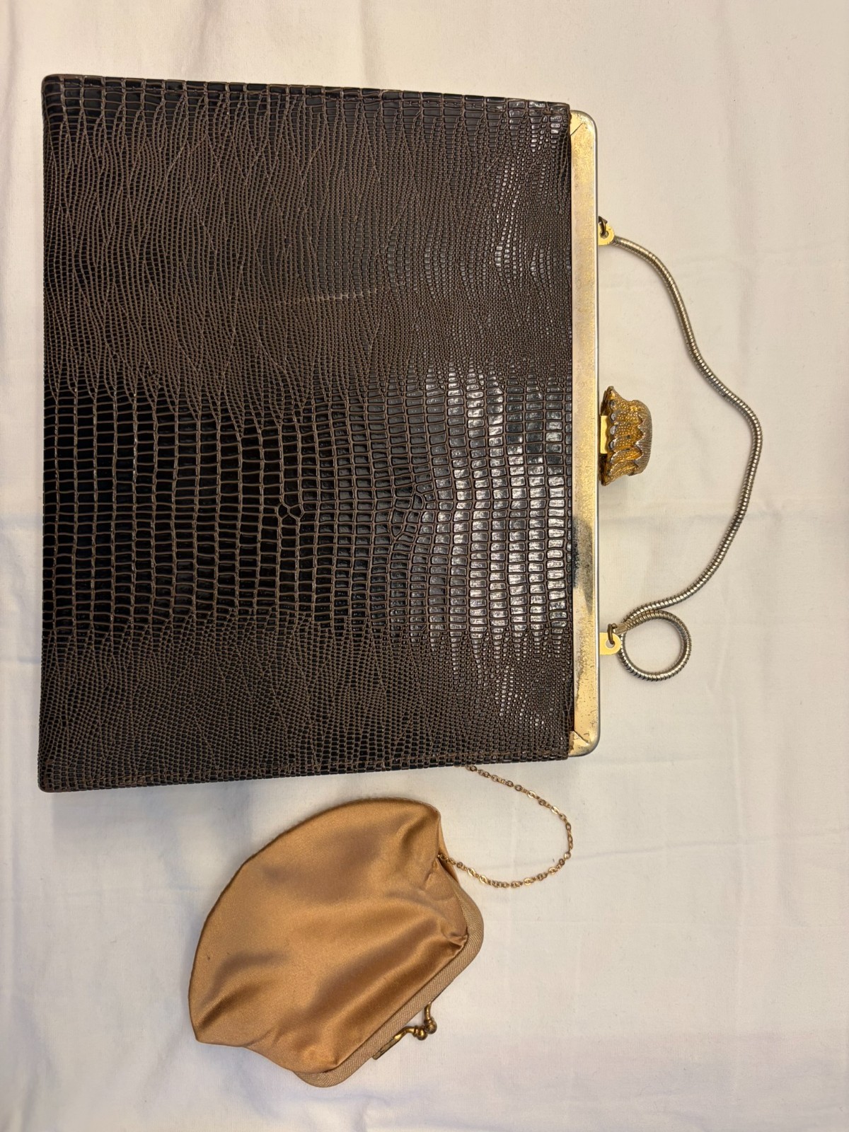 Vintage 1950s 1960s Dark Brown Lizard Skin Evening Bag Jeweled Frame Purse