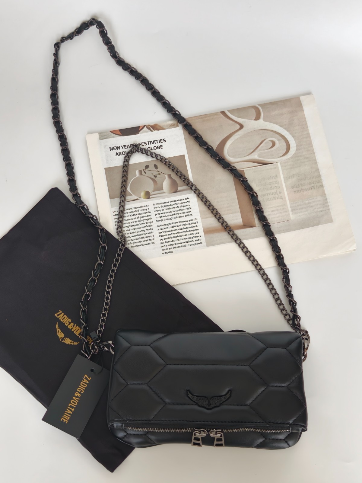 Zadig & Voltaire Rock Wing Black Quilted Leather Bag Gunmetal Hardware 21x13cm