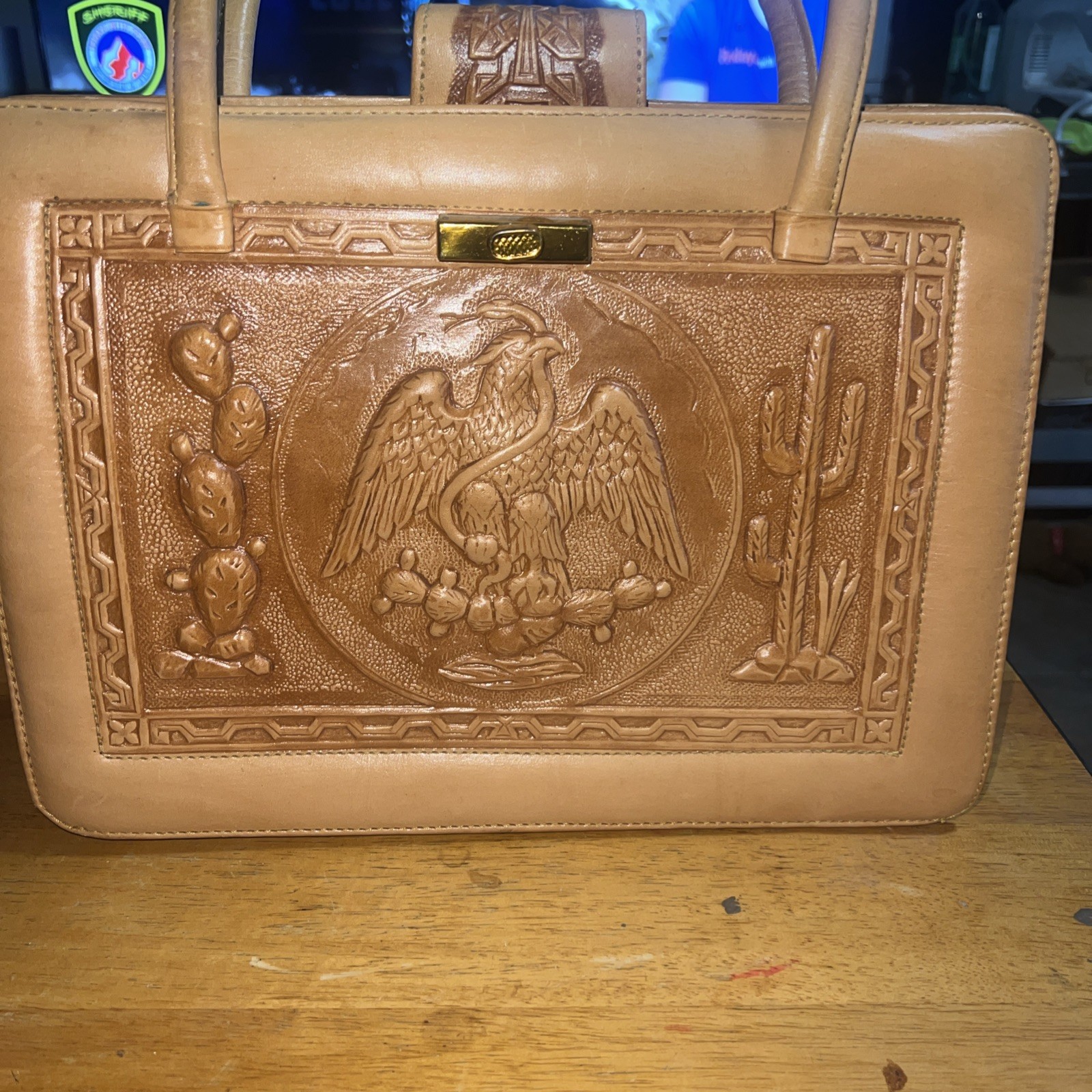 Vintage Brown Leather Handbag Embossed Mexico Eagle Cactus Metal Zips Aztec
