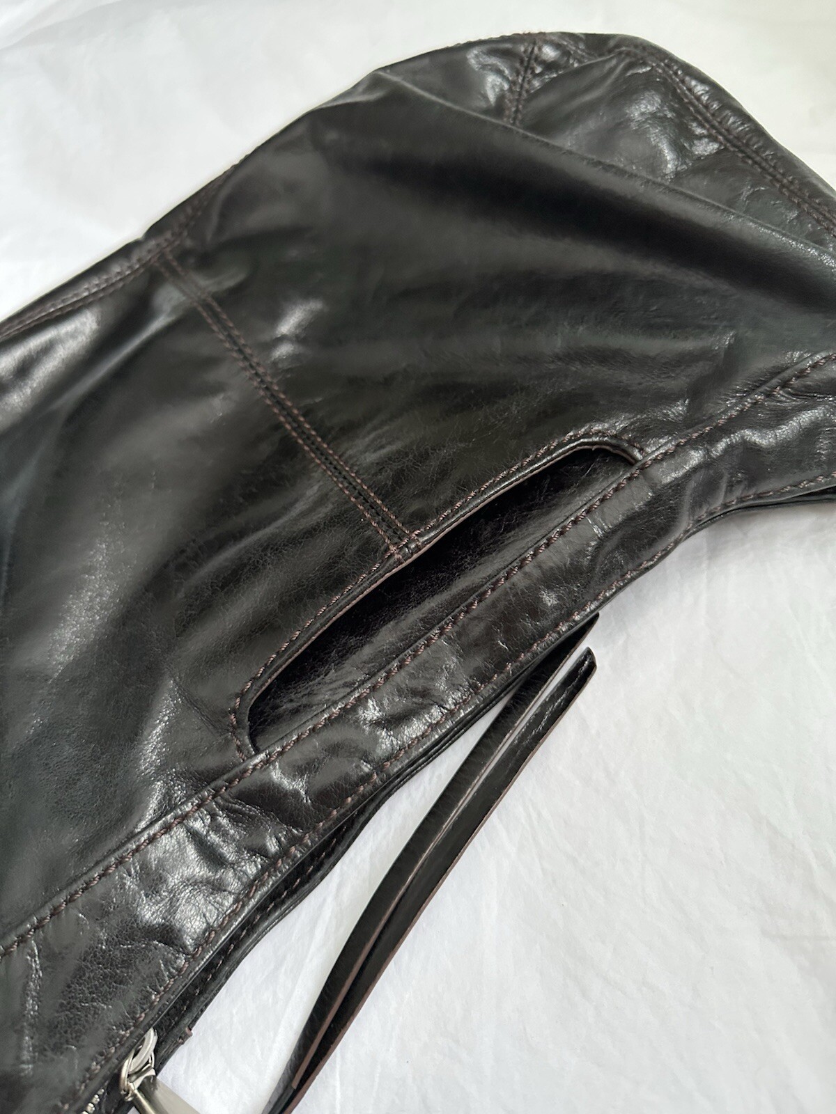 VTG Y2K Leather Hobo Zip Top Shoulder Bag Purse Dark Gray Black Brown Stitching