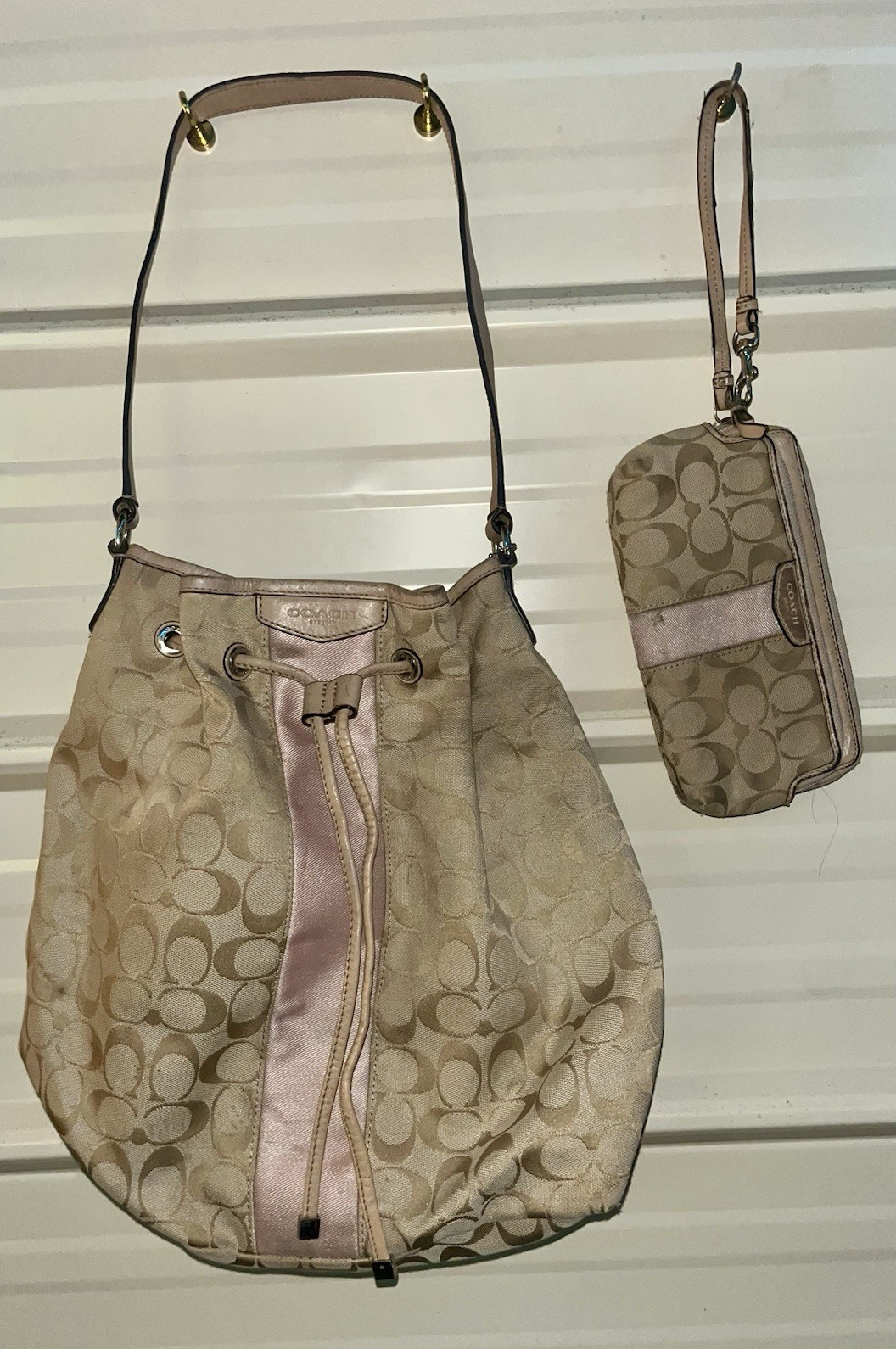 Coach Beige Pink Monogram Bucket Shoulder Bag Drawstring, Zip Wristlet, Gold