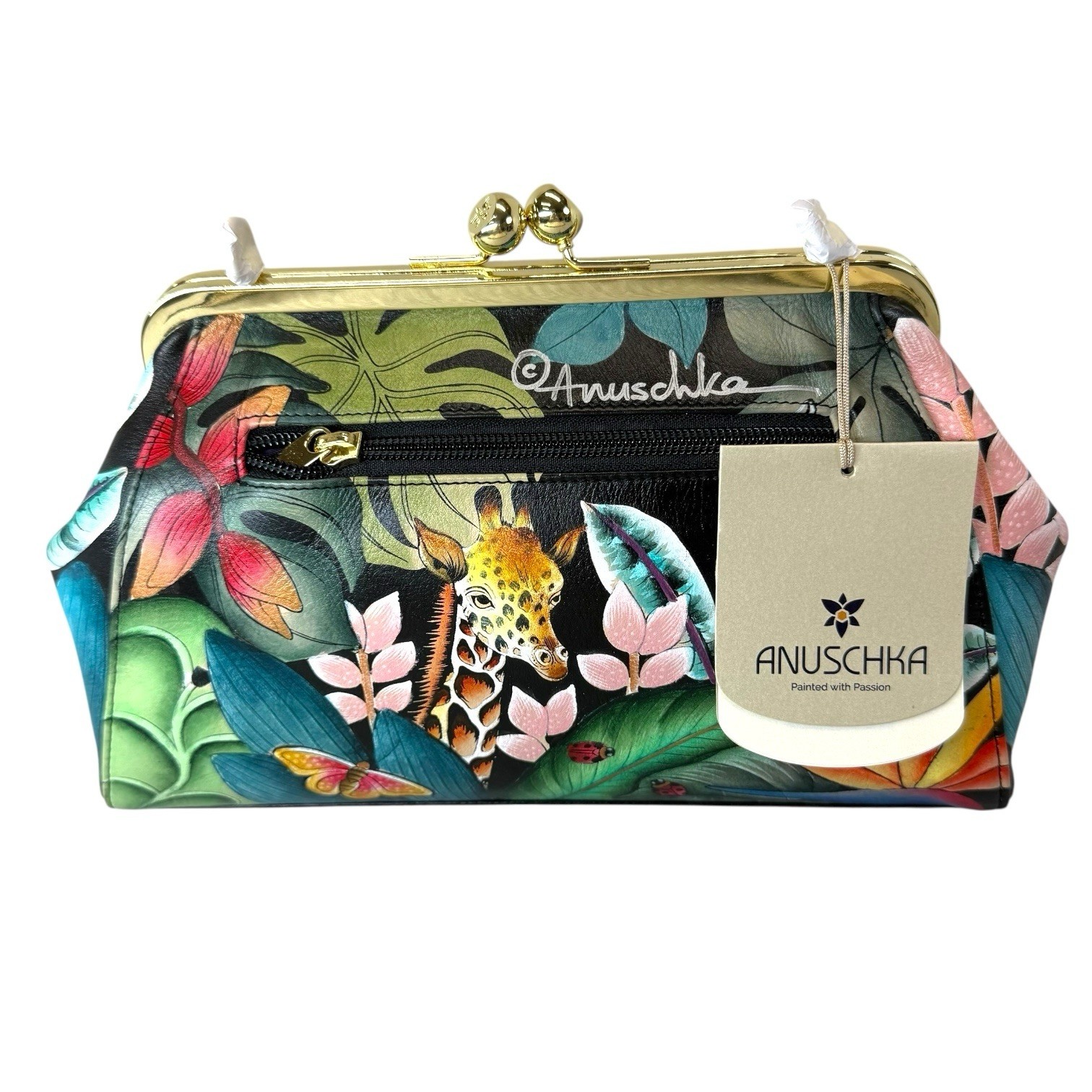 Anuschka Hand-Painted Jungle Kiss Lock Clutch Leather Crossbody Shoulder Purse