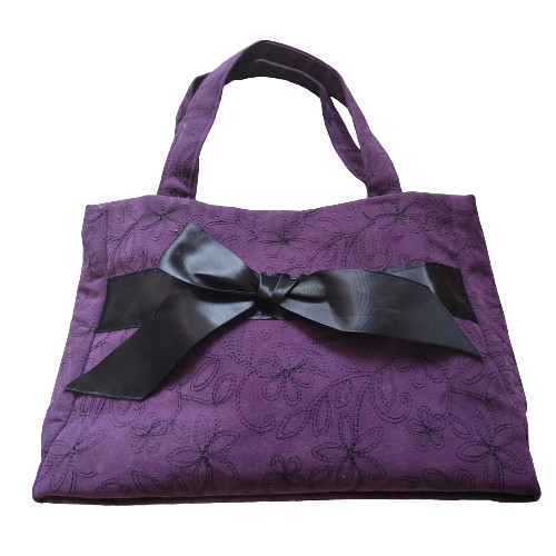 Purple Fabric Purse Bag with Black Bow Handmade 7 x 11 x 5 Inches