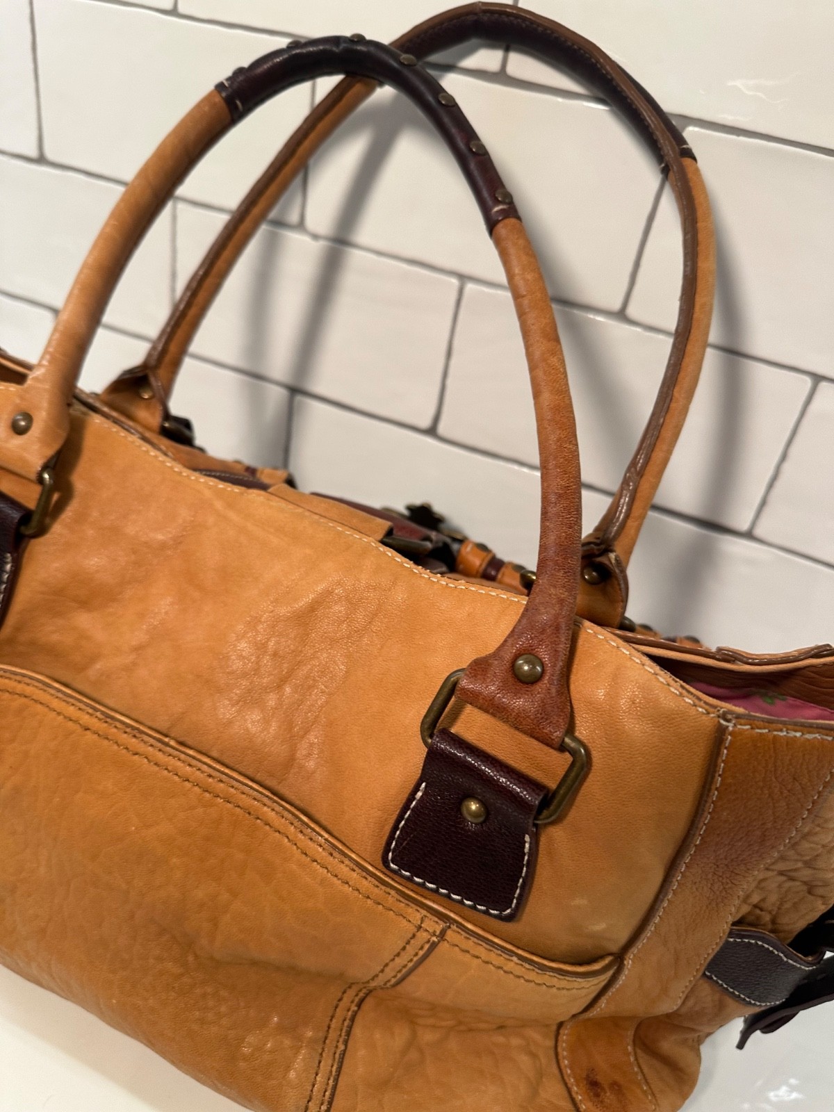 BETSEY JOHNSON Hobo Bag Large Studded 2 Tone Brown Distressed Leather Y2K