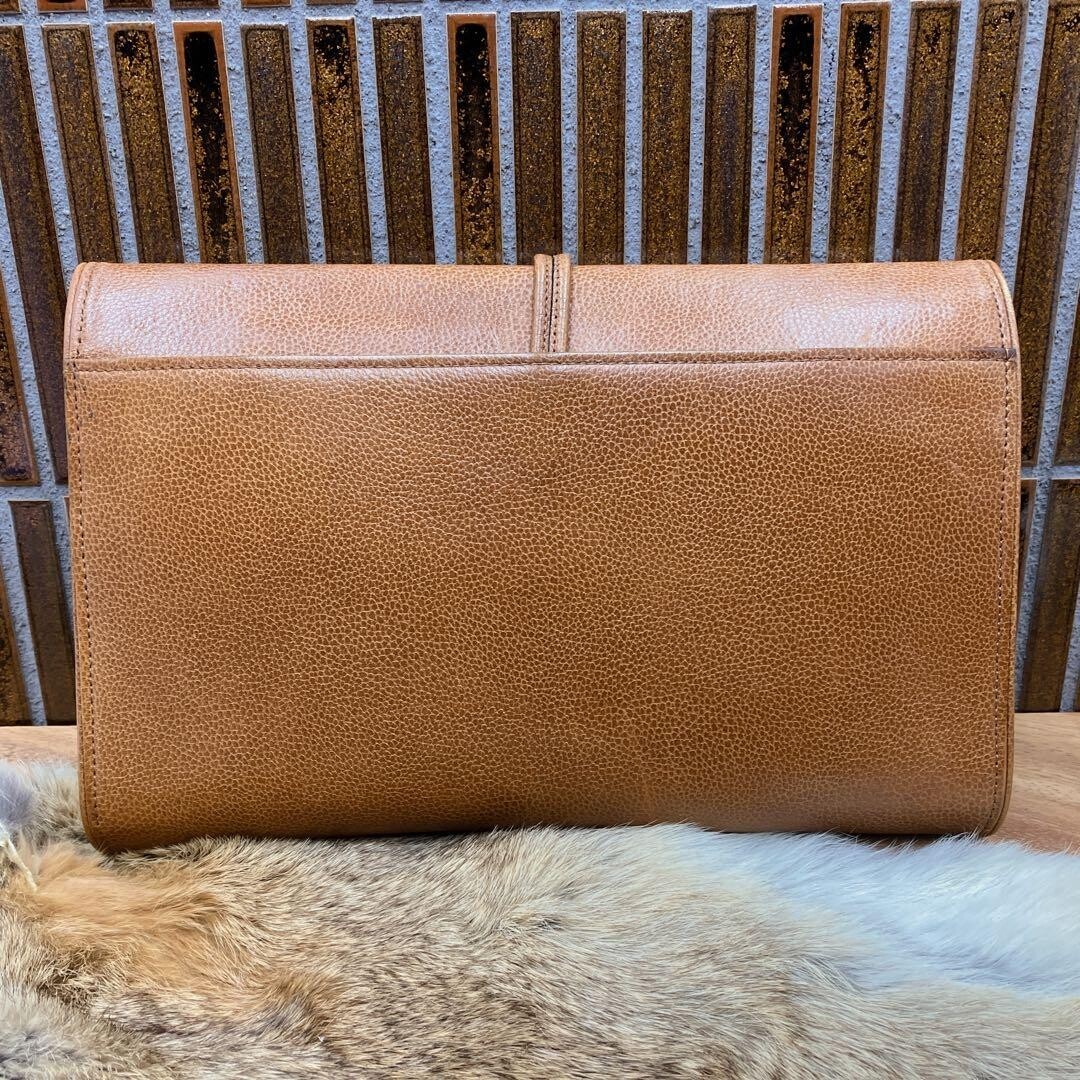 Yves Saint Laurent Brown Leather Clutch Bag Wooden Toggle Men 27.5cm Vintage