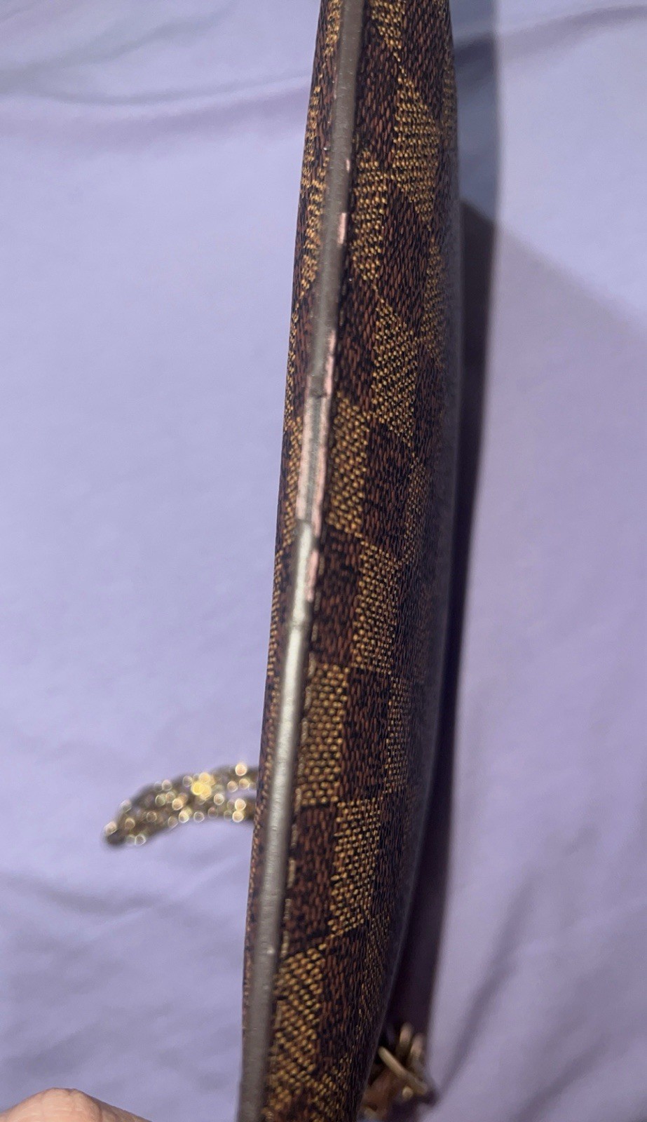 Louis Vuitton Damier Ebene Brown Zip Clutch Gold Hardware Chain Strap