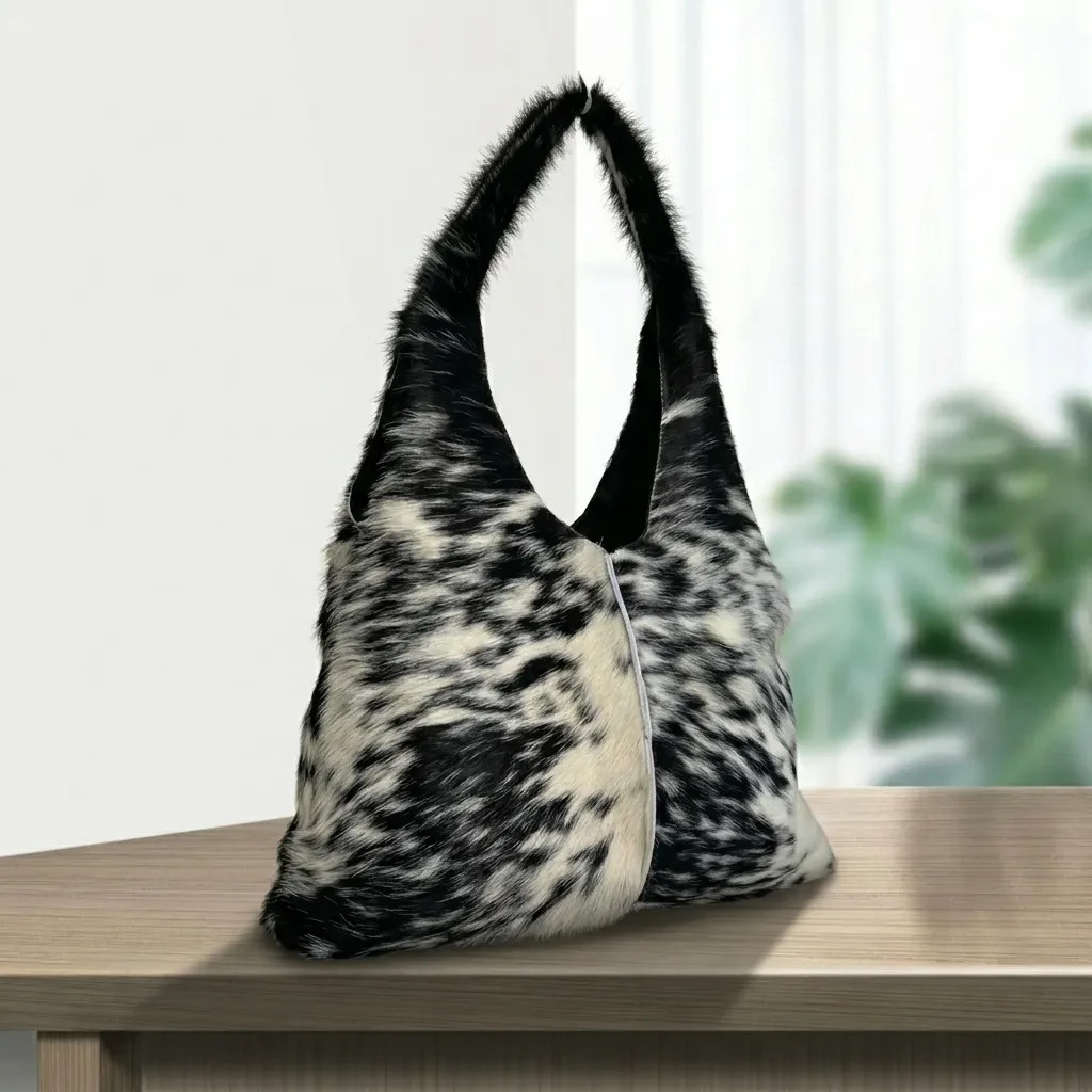 Natural Black Cream Brindle Hair-On Cowhide Leather Bag — Premium Cowhide Hair