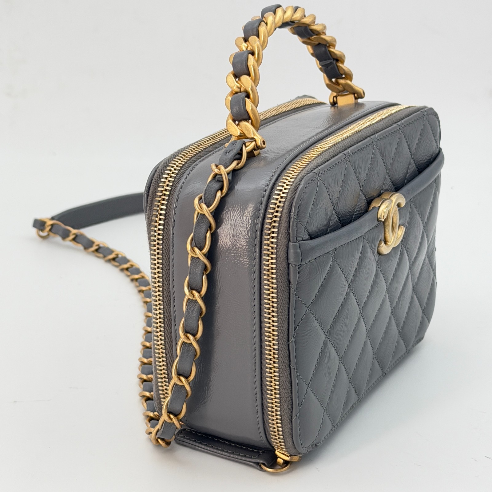 Chanel Grey Shiny Calfskin Top Handle Bag