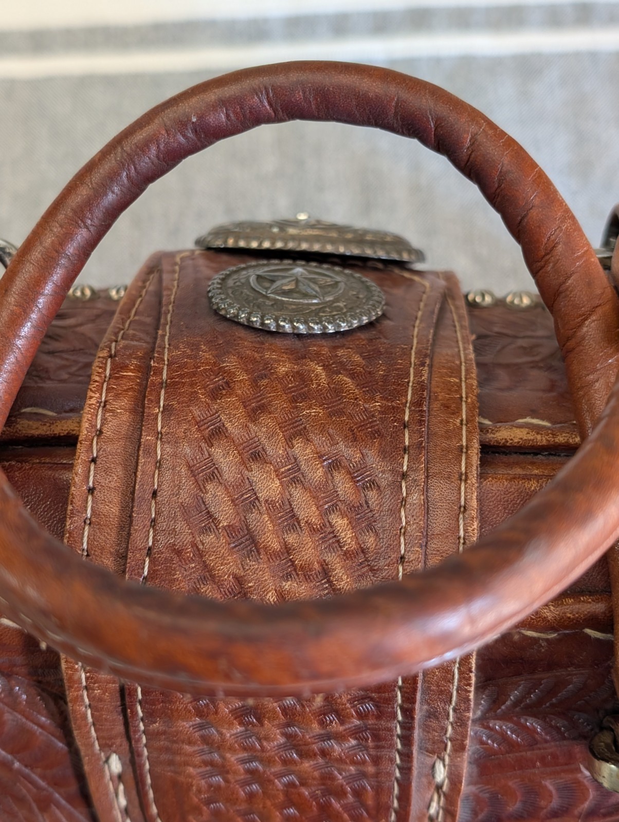American West Brown Tooled Leather Satchel Doctor Style Silver Studs