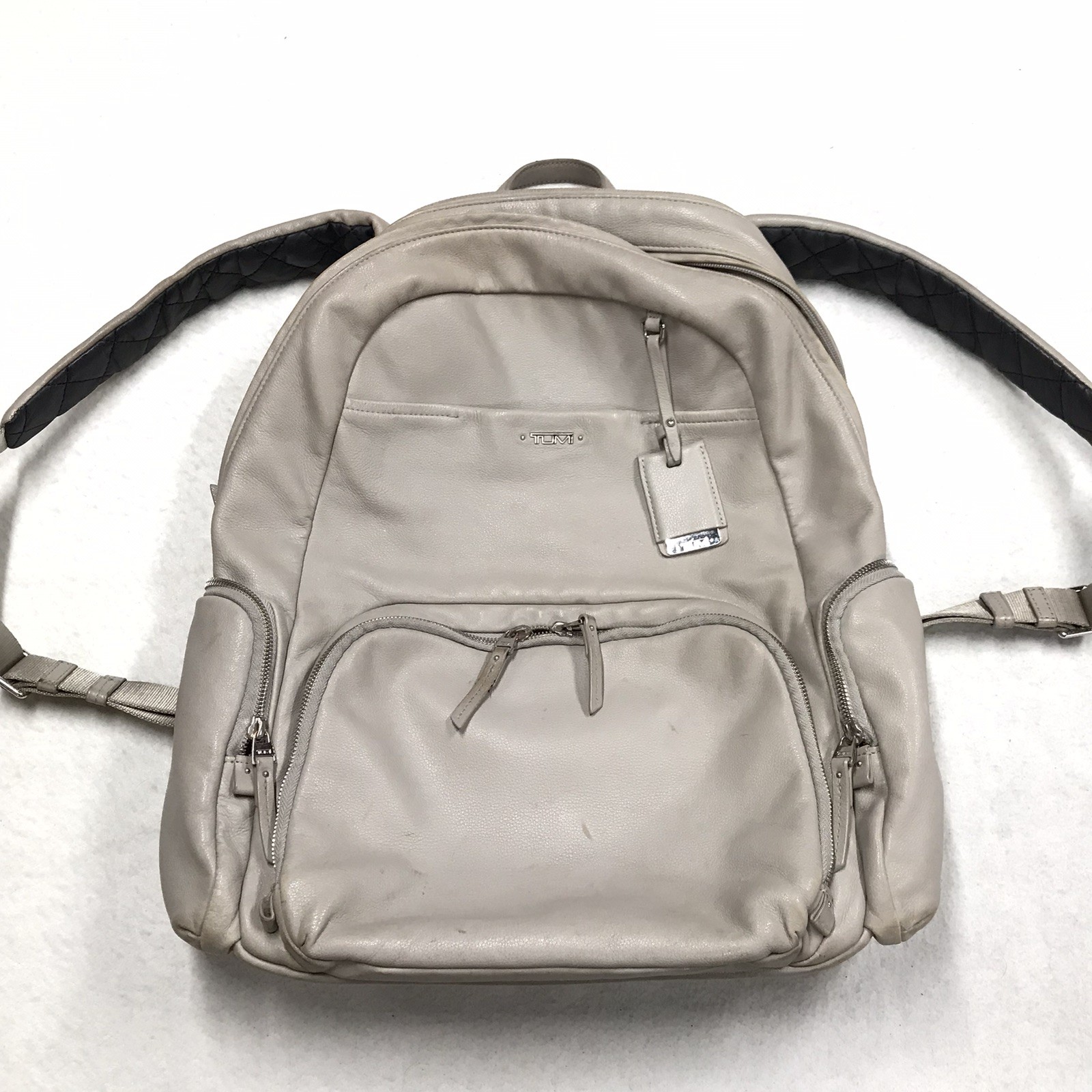 TUMI Voyageur Calais Laptop Backpack Leather Travel Gray Side Zip Padded Shoulde