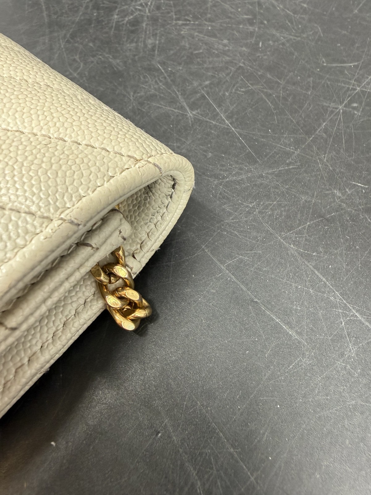 Saint Laurent Cassandre Envelope Crema Leather Chain Wallet