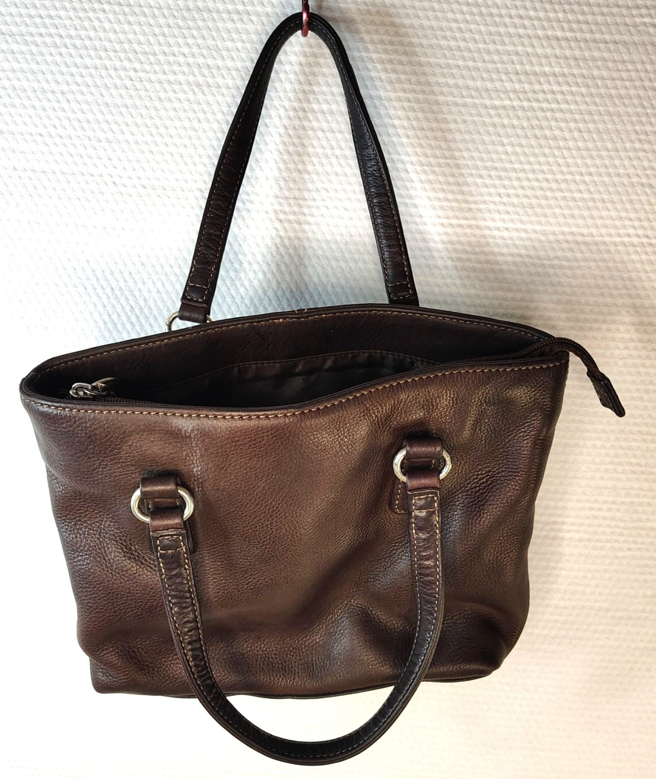 Y2K Fossil 75082 Dark Brown Leather Tote Small Bag Zip Purse Classic 10 Inch