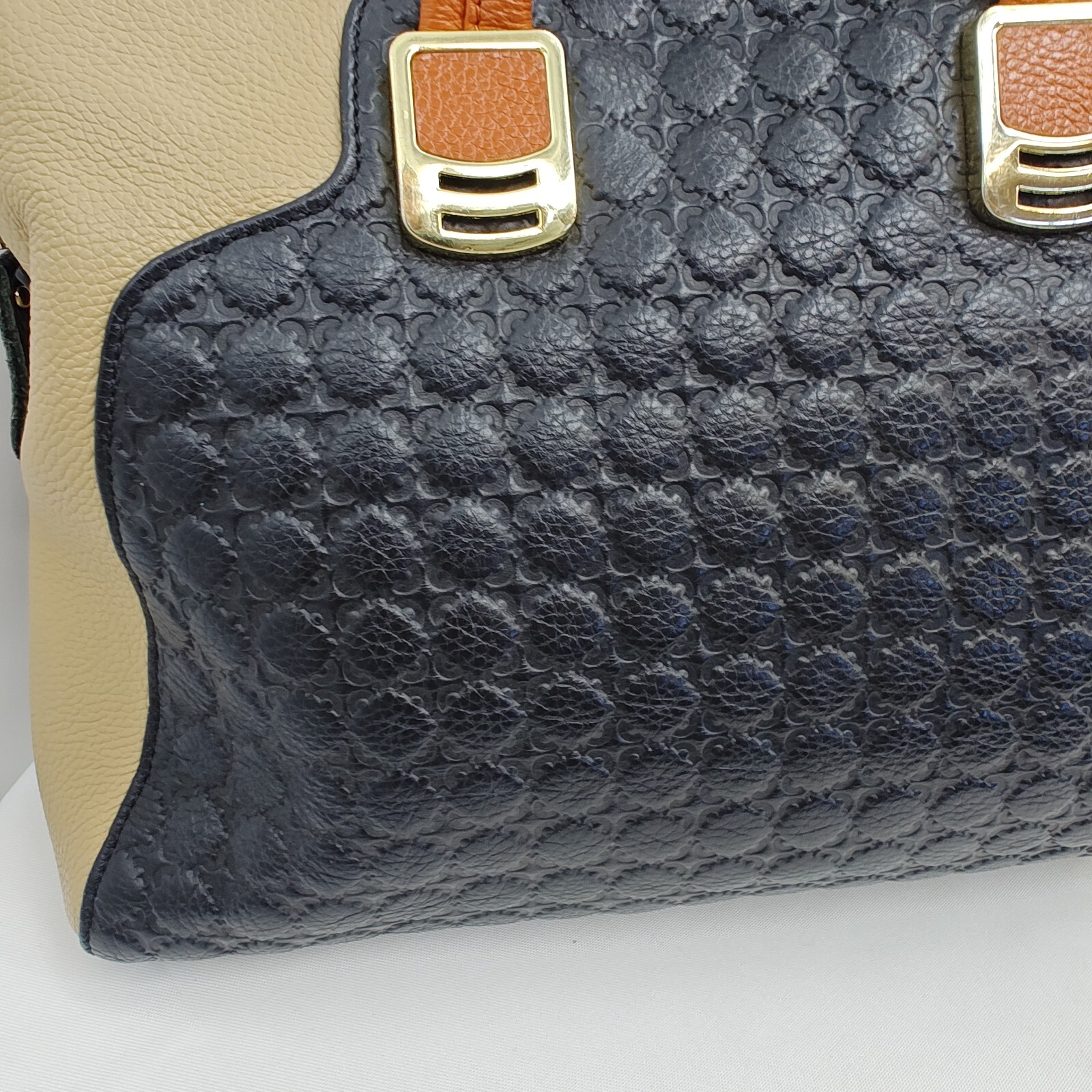 ZOOLER Leather Tri Color Block Handbag Satchel Emboxxed Brown Beige Black