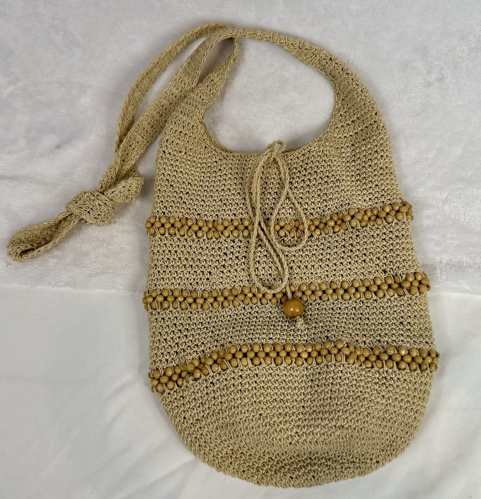 Vintage Kathie Lee Straw Beaded Shoulder Bag Boho Crochet Purse Wood Beads