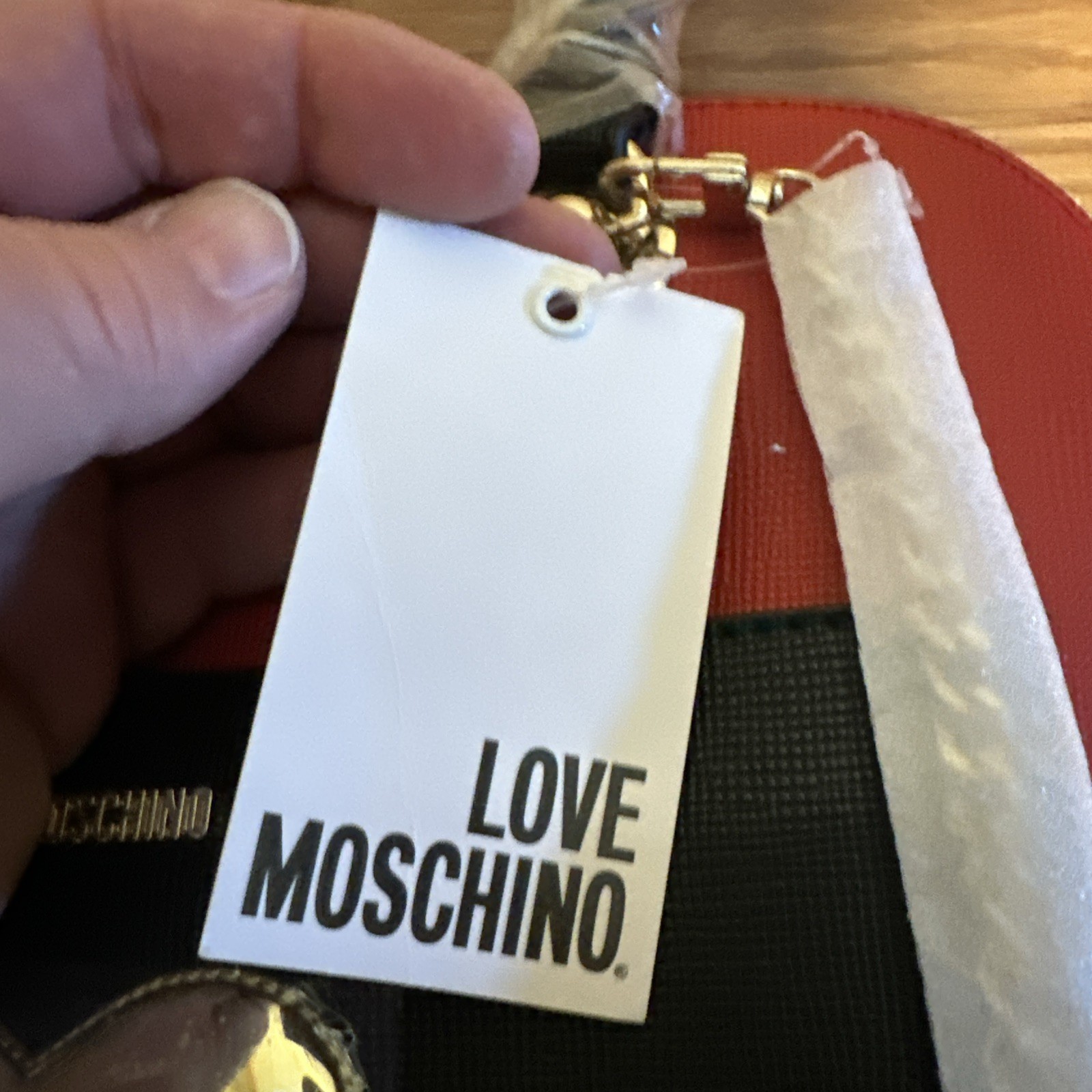 Love Moschino Red Black Gold Satchel with Heart, Chain, Logo & Coin Purse
