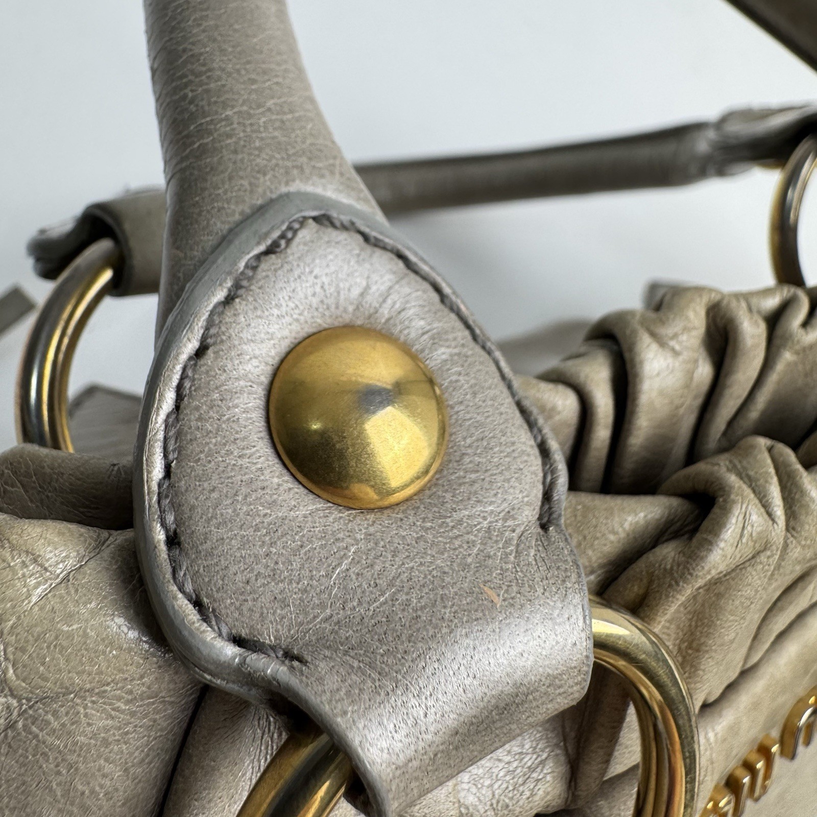 Miu Miu Vitello Lux 2Way Handbag Shoulder Bag Gray Greige Leather Auth Y2K e107