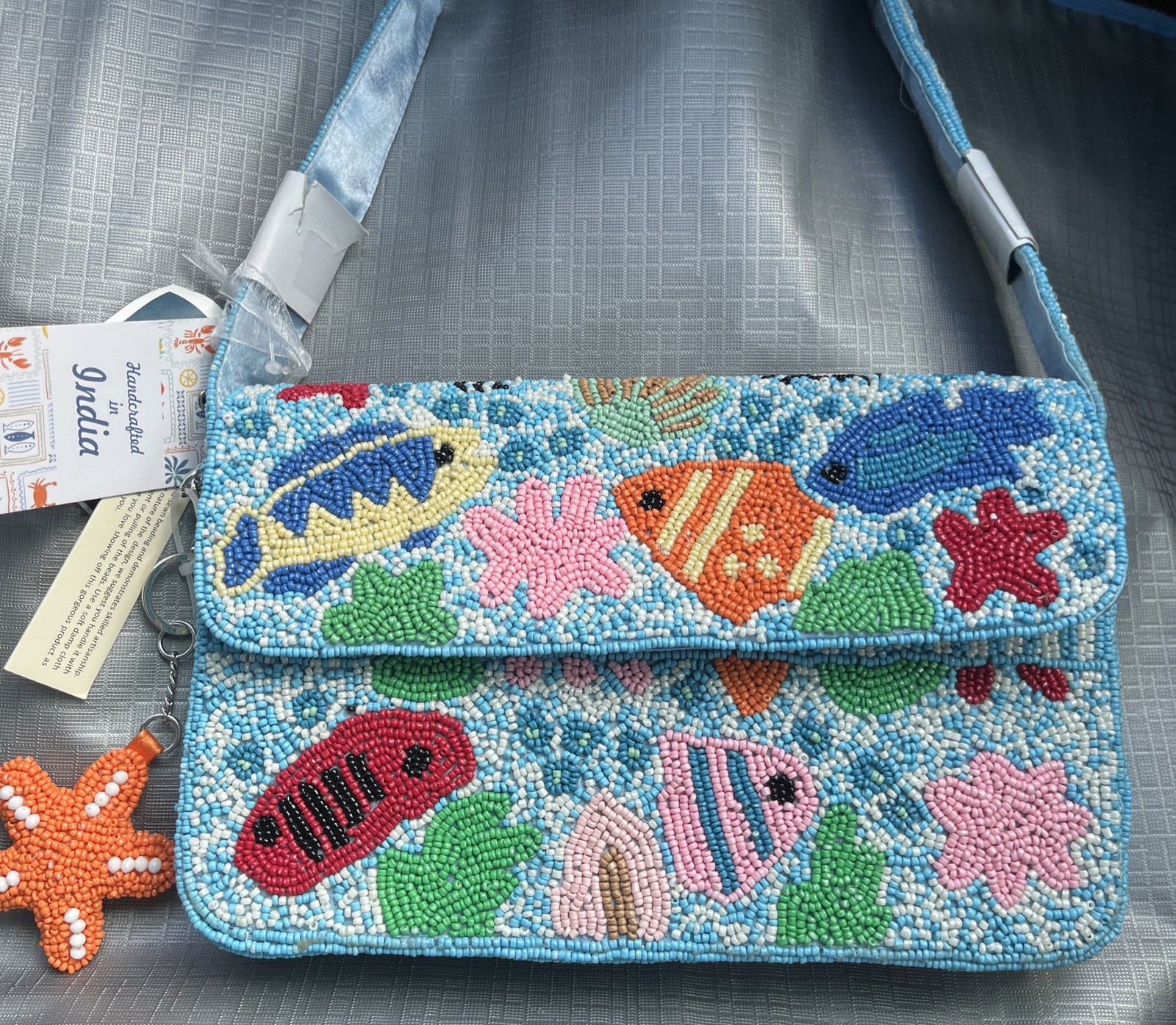 Viral Handcrafted In India Blue Beaded Under The Sea Fish Bag w/ Starfish NWT