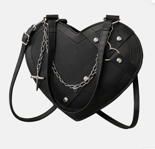 Black Heart Patent Studded Chain Crossbody Bag Silver Hardware Zip Detachable