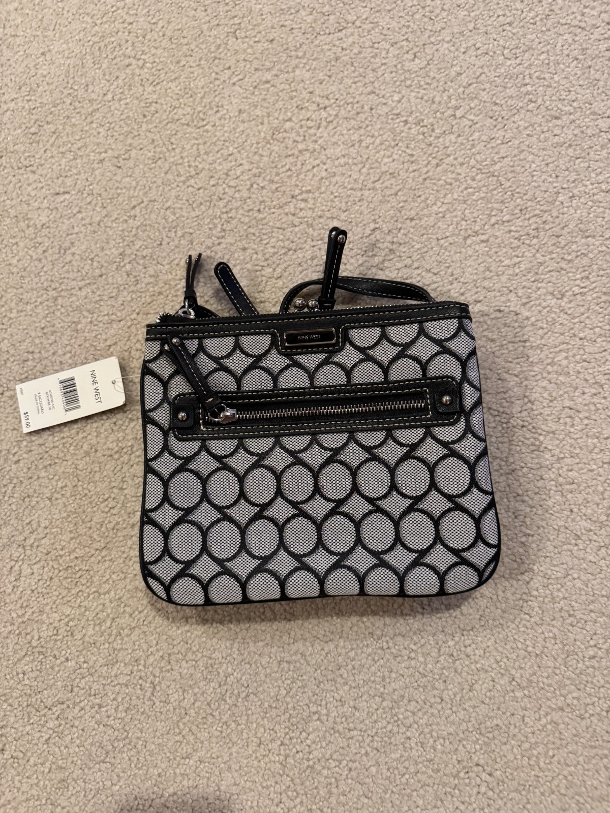 Nine West Womens Blk/Beige Fabric Faux Leather Shoulder Crossbody Bag NEW