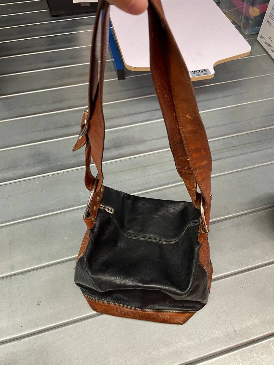 Marino Orlandi Black Leather Bag, Bucket Style with Brown Trim Hand/Shoulder Bag