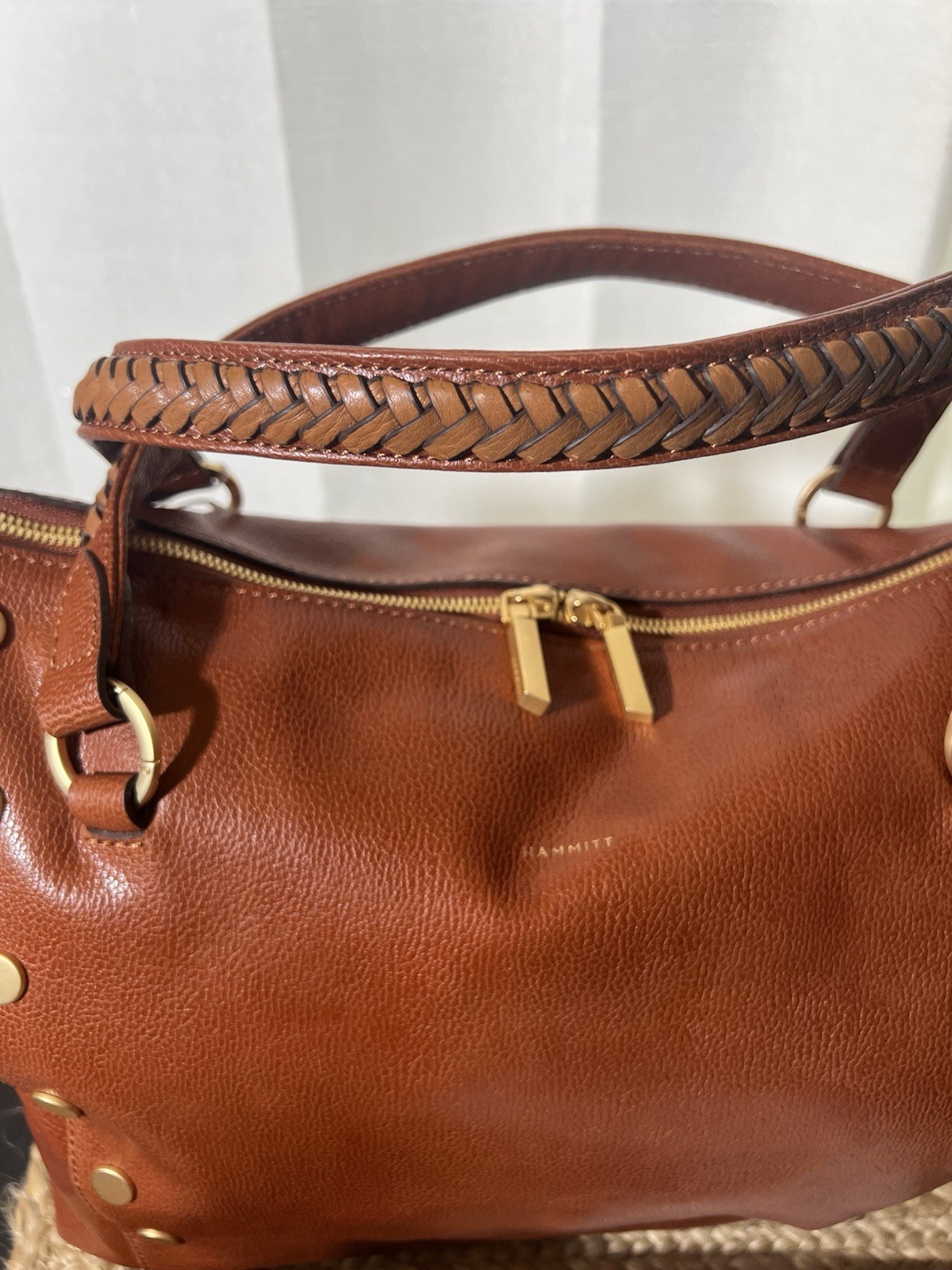 Hammitt Large Brown Pebbled Studded Braided Handle Zip Shoulder Bag w/ Strap