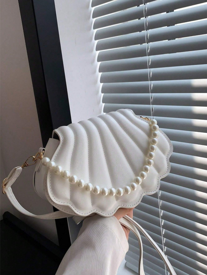 Shell Shaped Crossbody Bag Faux Pearl Chain Mini Purse for Party Wedding Women