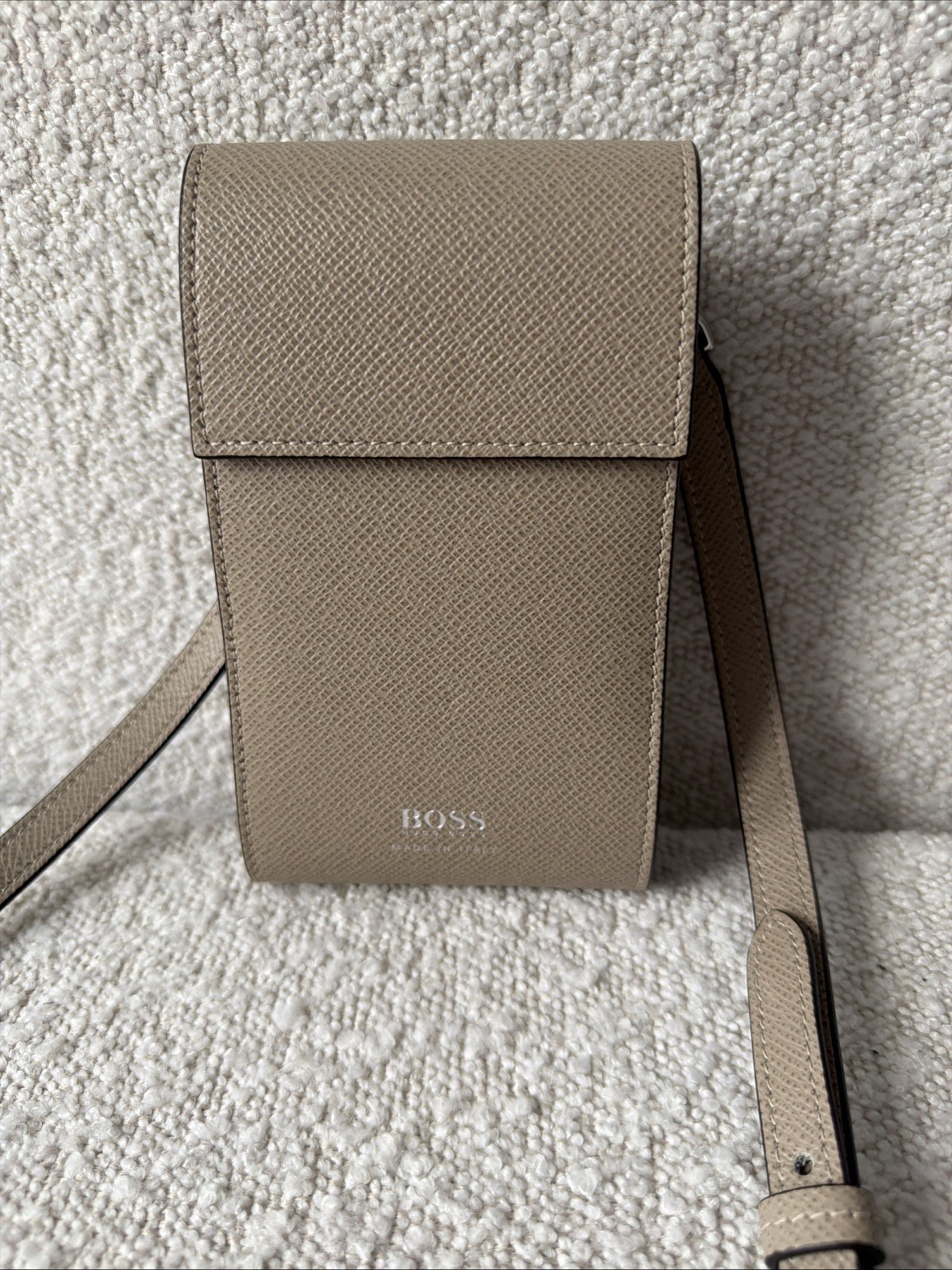Hugo Boss Signature Neck Crossbody Phone Pouch/bag Taupe Made In Italy