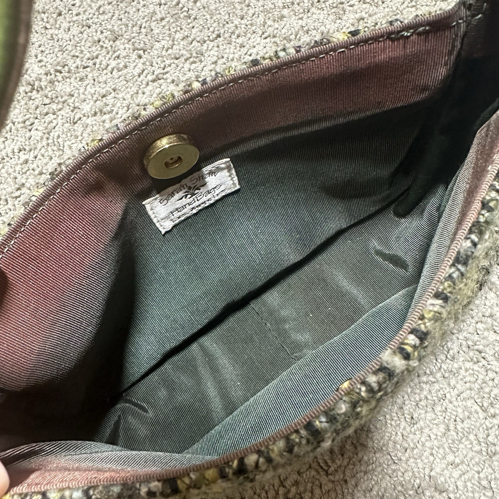 Rare Vintage Y2K Sarah Shaw Green Leather Boucle Tweed Mini Top Handle Purse Bag
