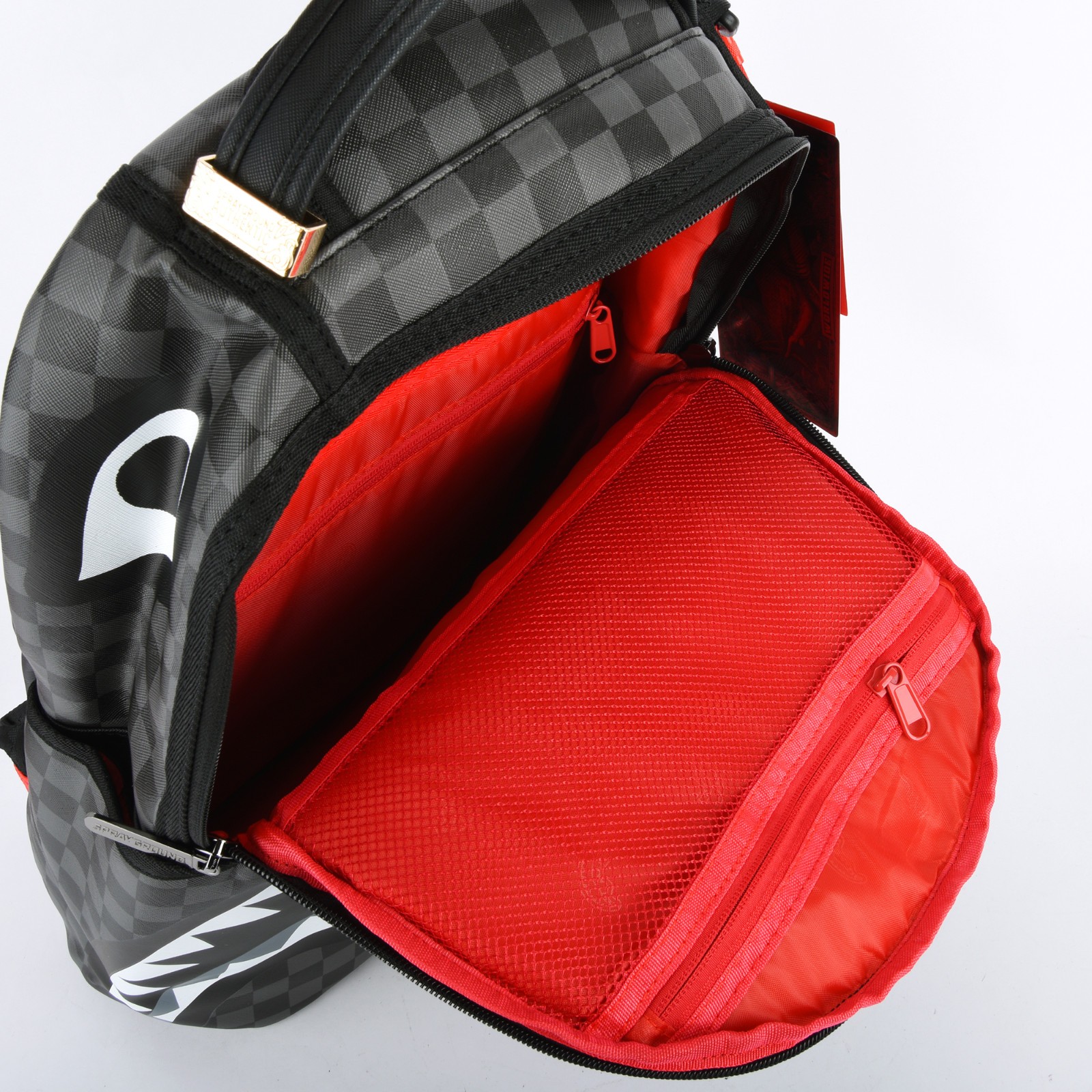 Sprayground Shark Lights Out Effect Leather Backpack Unisex Plaid Black Gray
