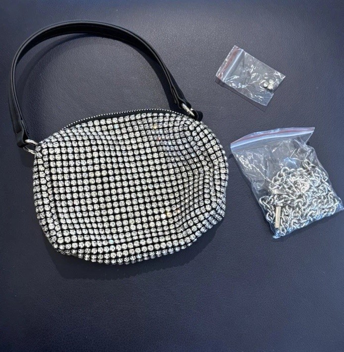 Women’s Small Silver & Black Rhinestone Oval Top Handle Bag Zip w/ Chain Strap