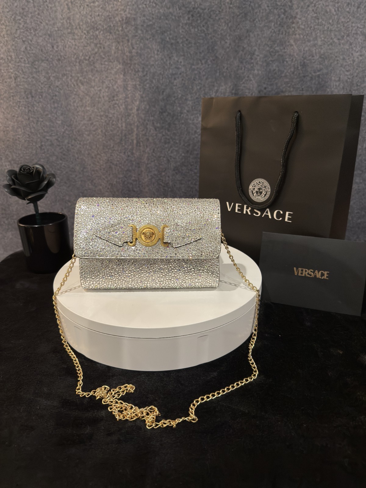 Authentic Versace La Medusa Crystal Mini Bag in silver with mixed metal hardware