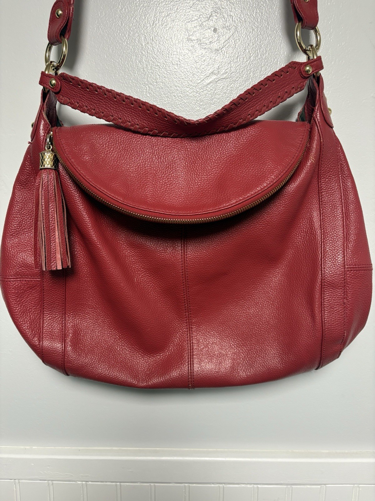 ONNA EHRLICH RACHEL Red Pebbled Leather Large Hobo Bag Purse Tassle Designer Zip