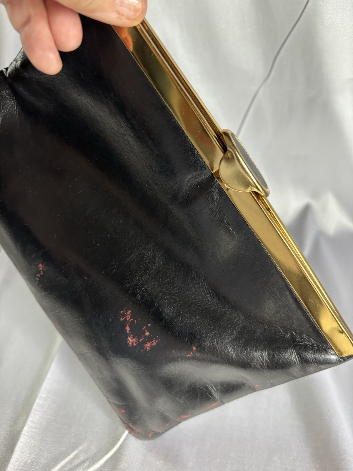 Vtg Etra Genuine Leather Clutch Bag Purse Black Hinge Flip ClaspChain Strap READ