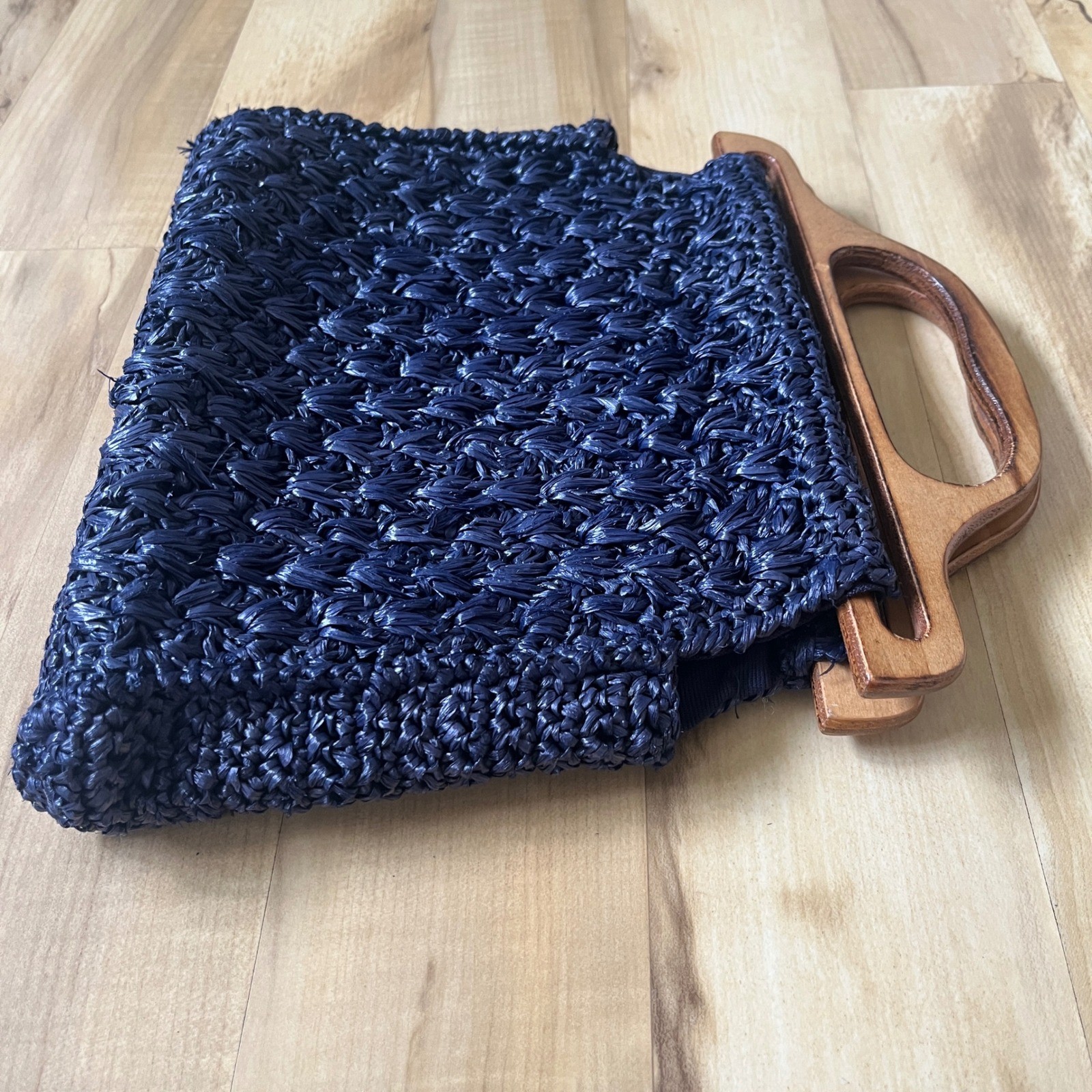 Vintage Handbag Straw Navy Blue Wood Coastal Beach Preppy Cottage Classic Vacay