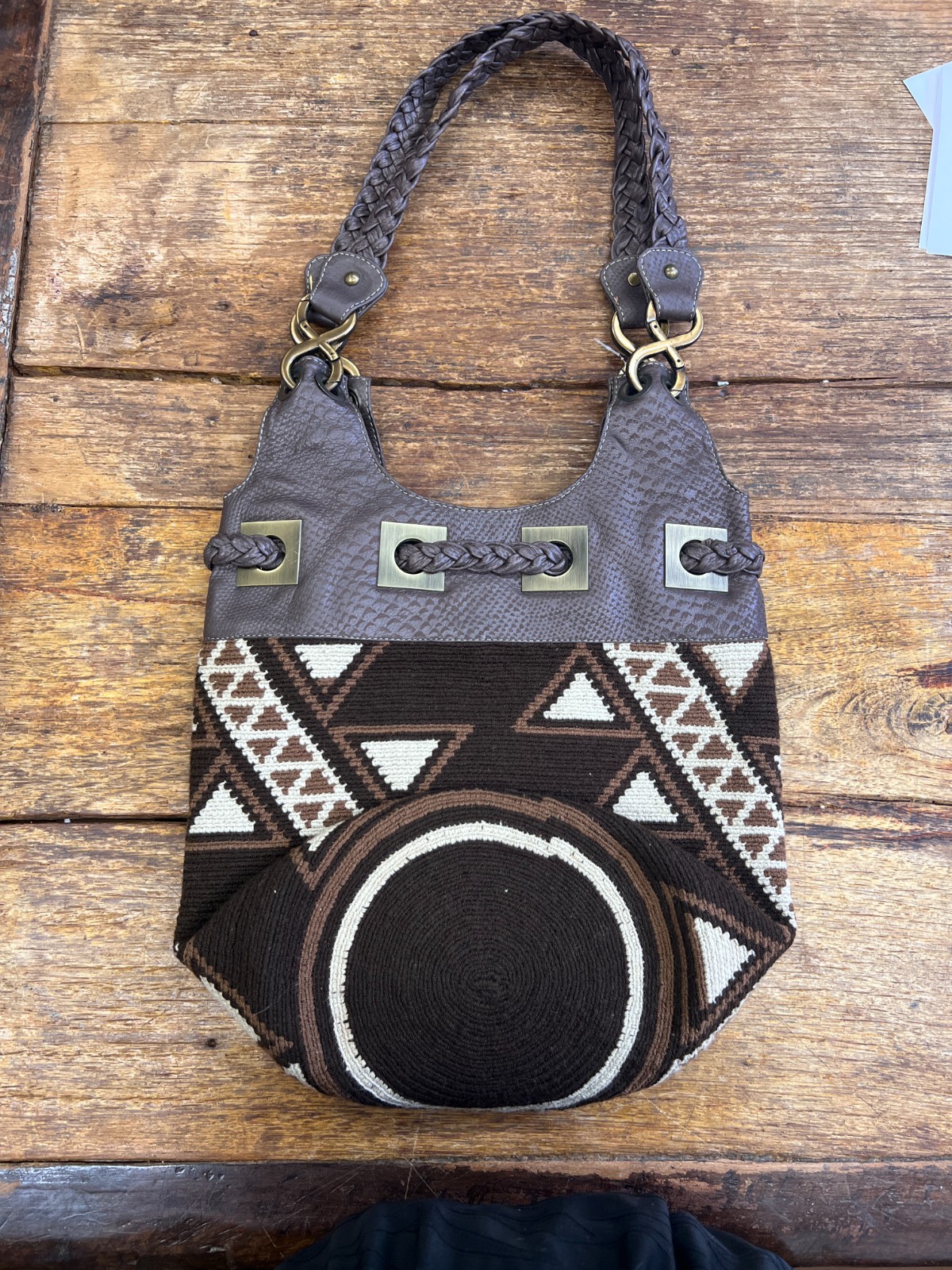 Di Sout Vintage Large Wool & Leather Tribal Geometric Shoulder Bag Boho Brown