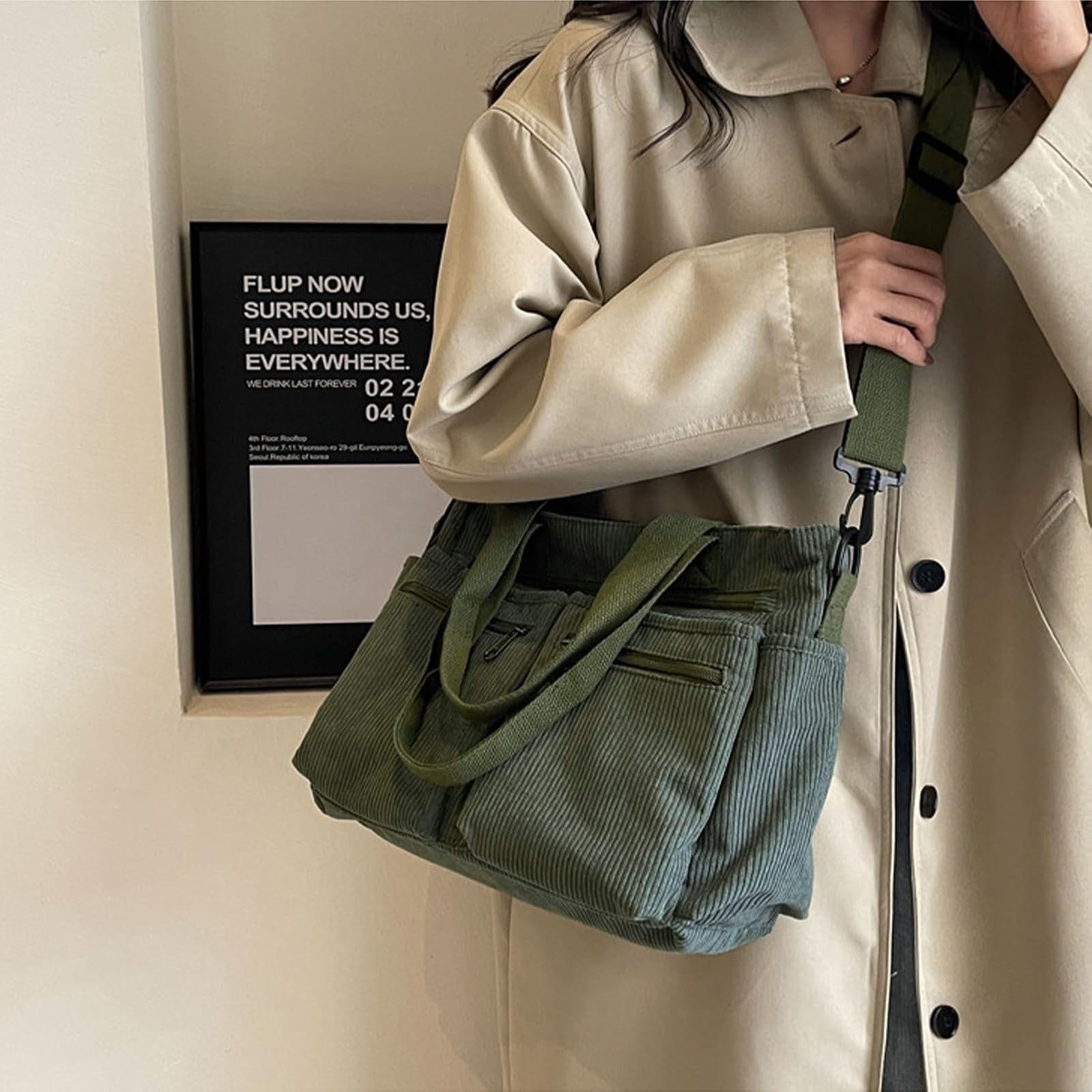Motesun Corduroy Tote Bag Women Large Shoulder Messenger 10 Pockets