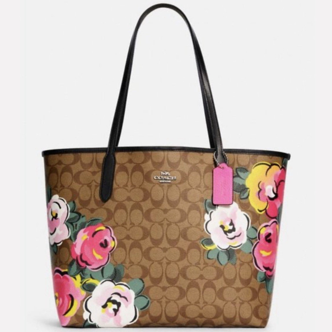 Coach – Floral Logo Accent Tote Bag Brown Pink Yellow White Green Large