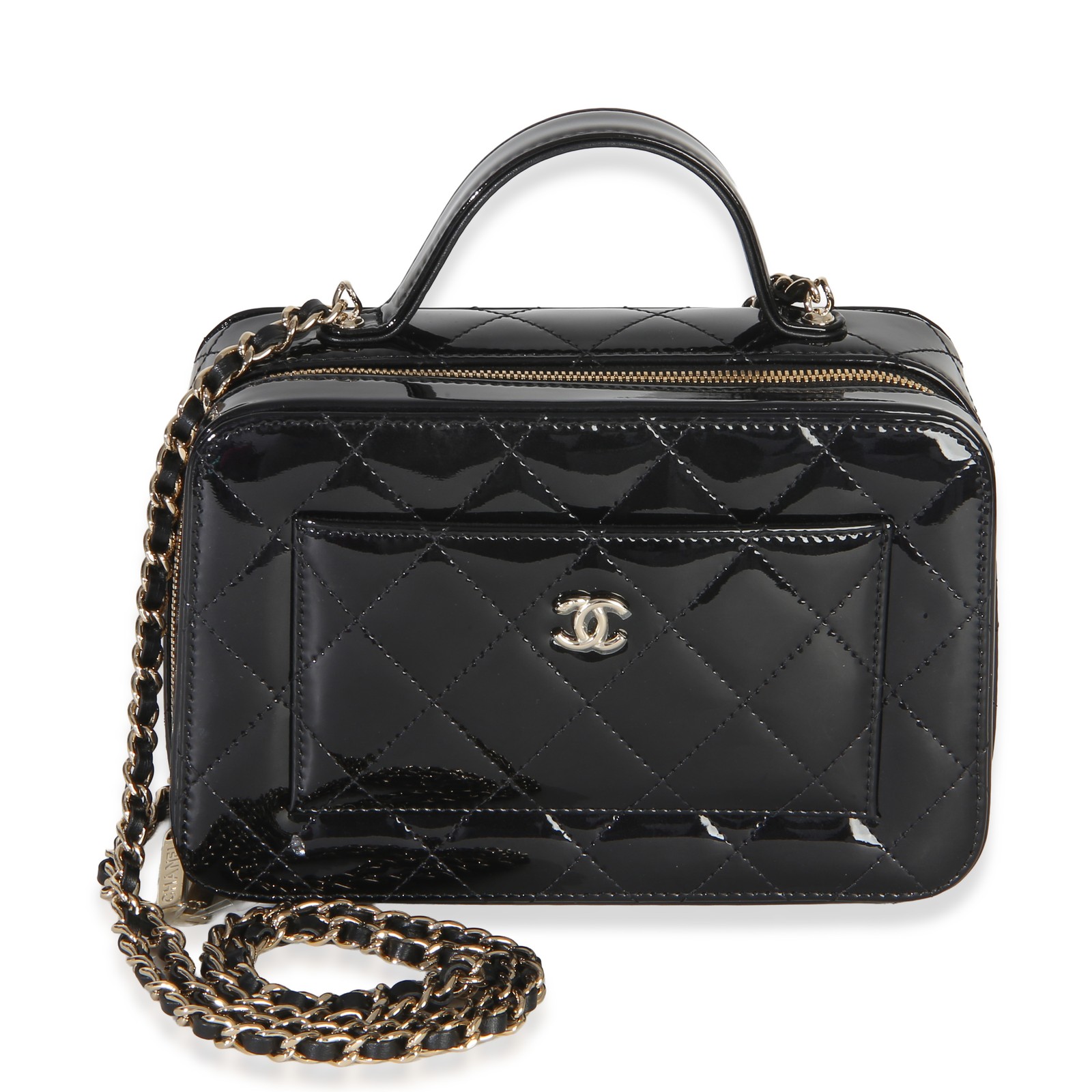 Chanel Black Quilted Patent Top Handle Vanity With Chain