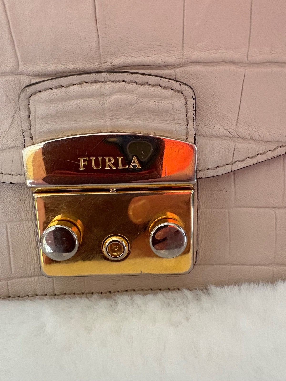 Furla Metropolis Embossed Authentic Furla Leather Crossbody Bag – Beige/Taupe
