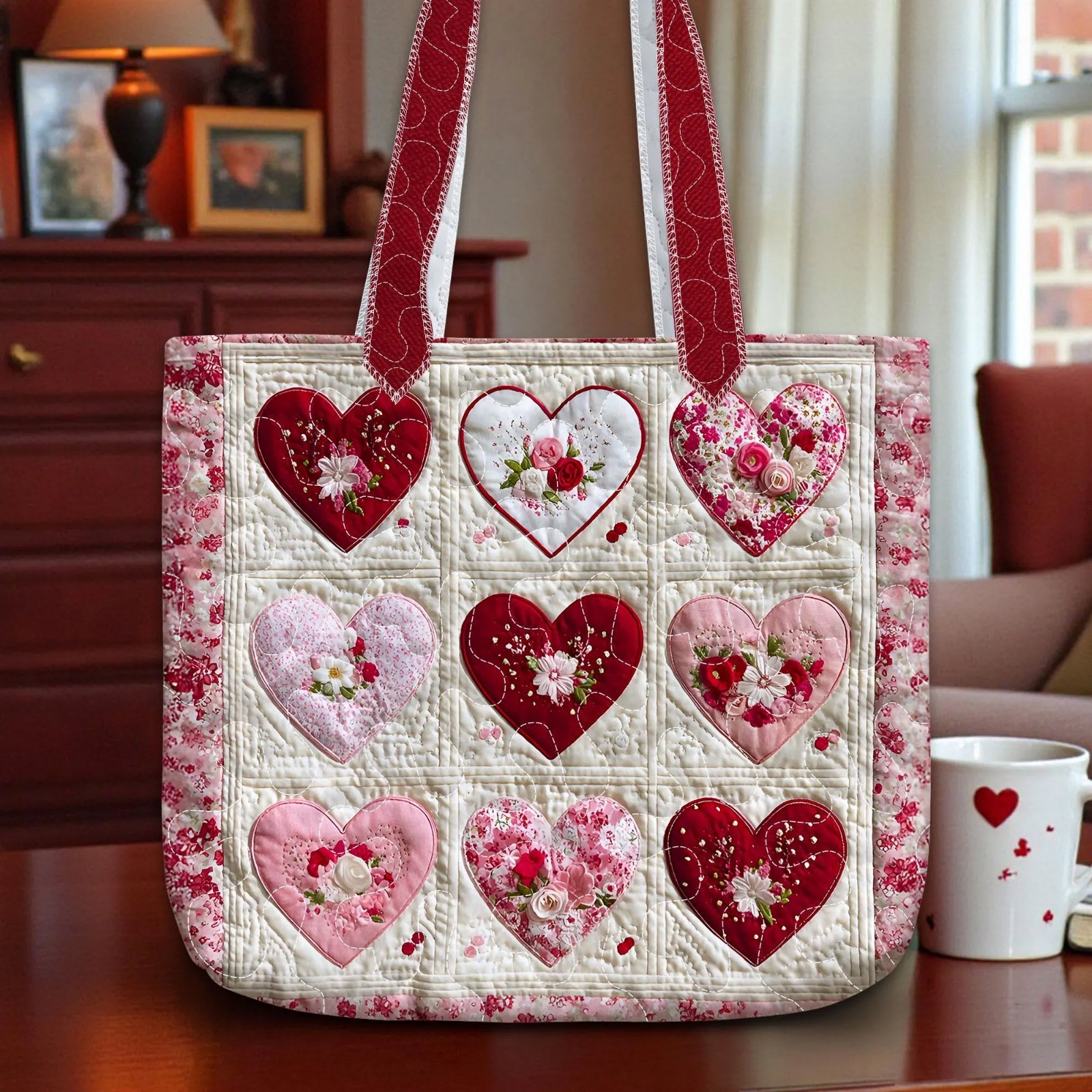 Valentine Heart Quilted Tote Bag Pink Red Floral Romantic Handmade Gift for Her