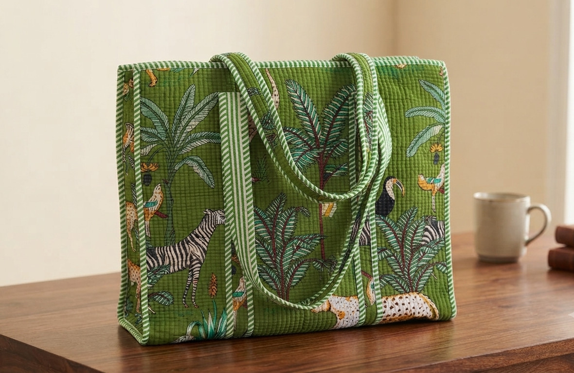 Indian Handmade Animal Printed Cotton Tote Bag Ethnic Shopping Bag 18×14 Inch