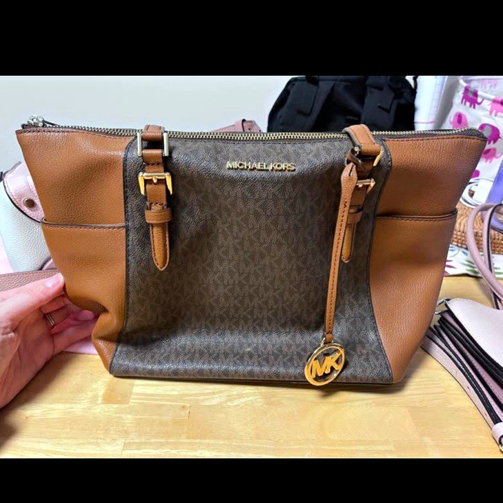 Michael Kors Brown/Tan Logo Zip Shoulder Bag w/ MK Charm, Gold Hardware, Pockets