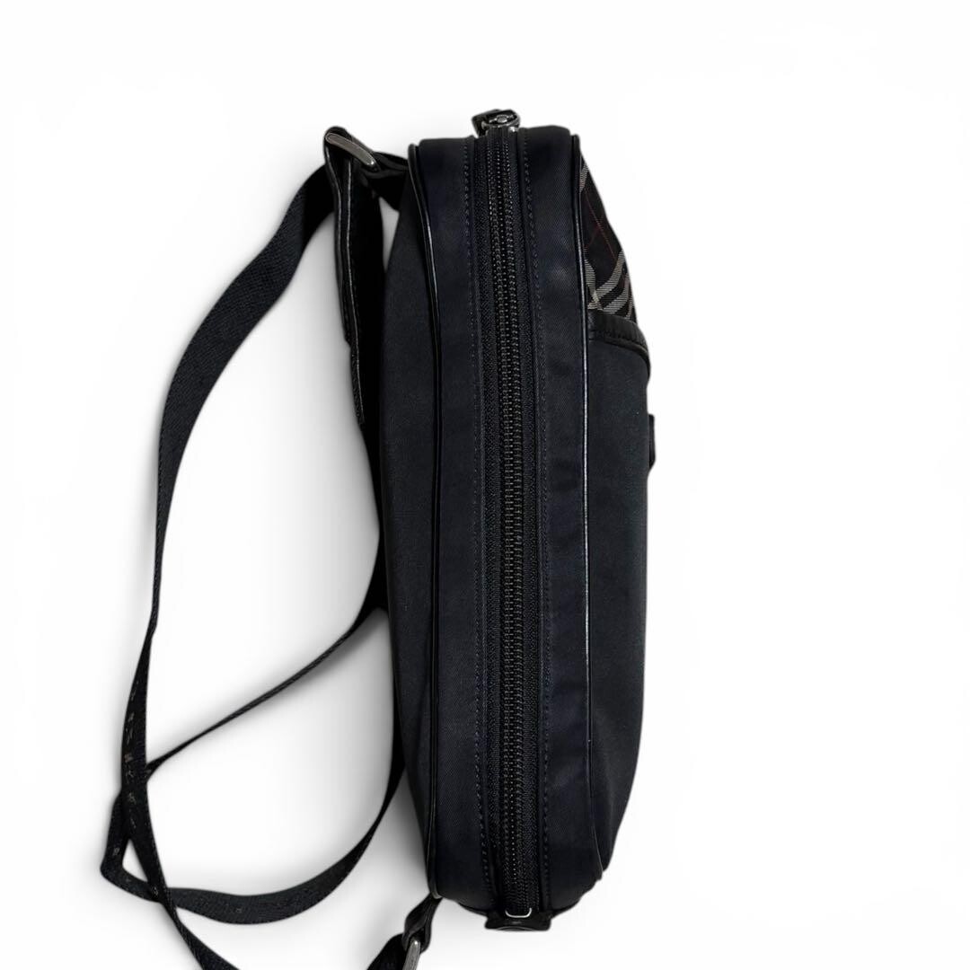 Burberry Black Label Plaid Leather Fabric Body Bag Logo Plate Black Auth