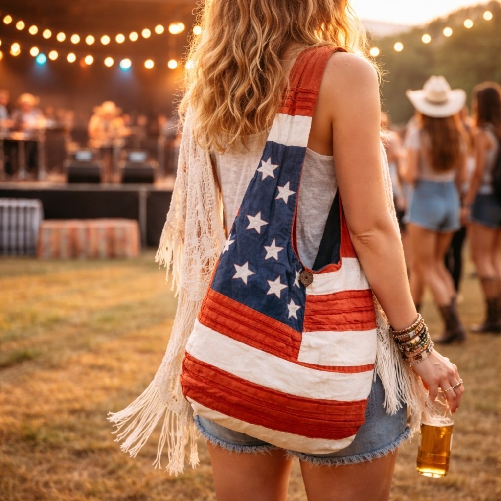 Crossbody Hobo Bag American Flag Patriotic Shredded Distressed Cotton Zip Purse